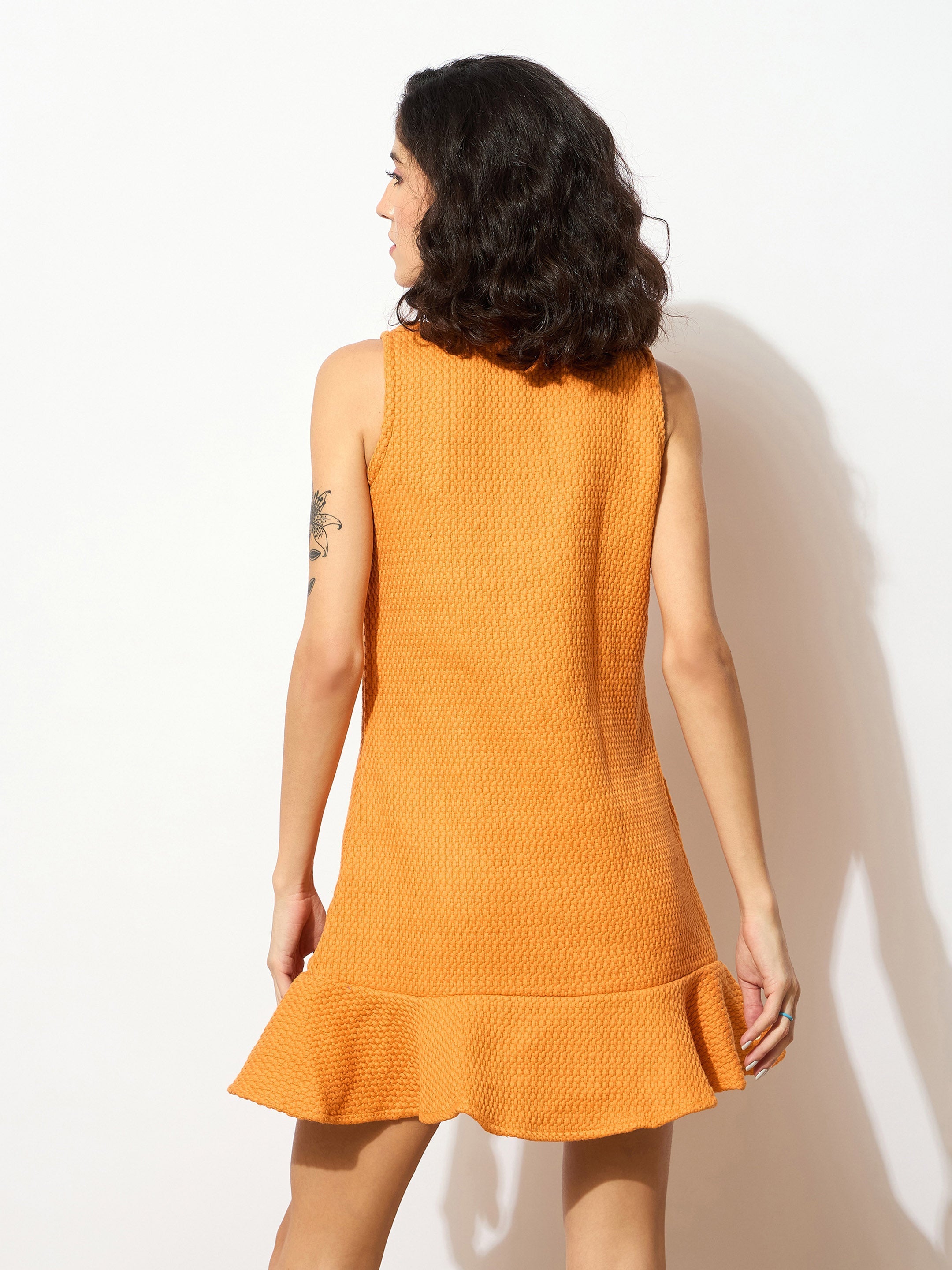 Women Orange Tweed Front Button Frill Hem Dress