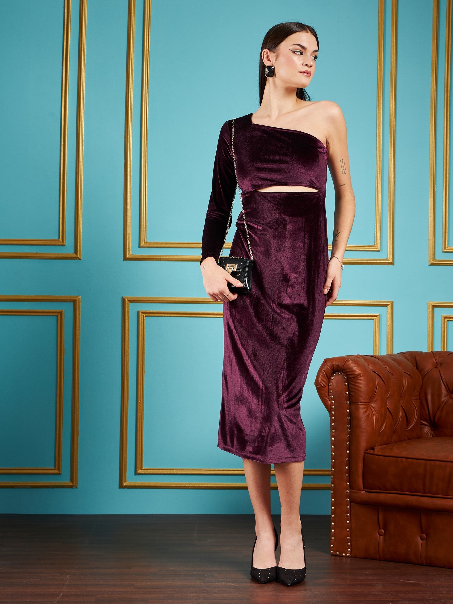 Women Burgundy Velvet Waist Cut-Out One Shoulder Midi Dress