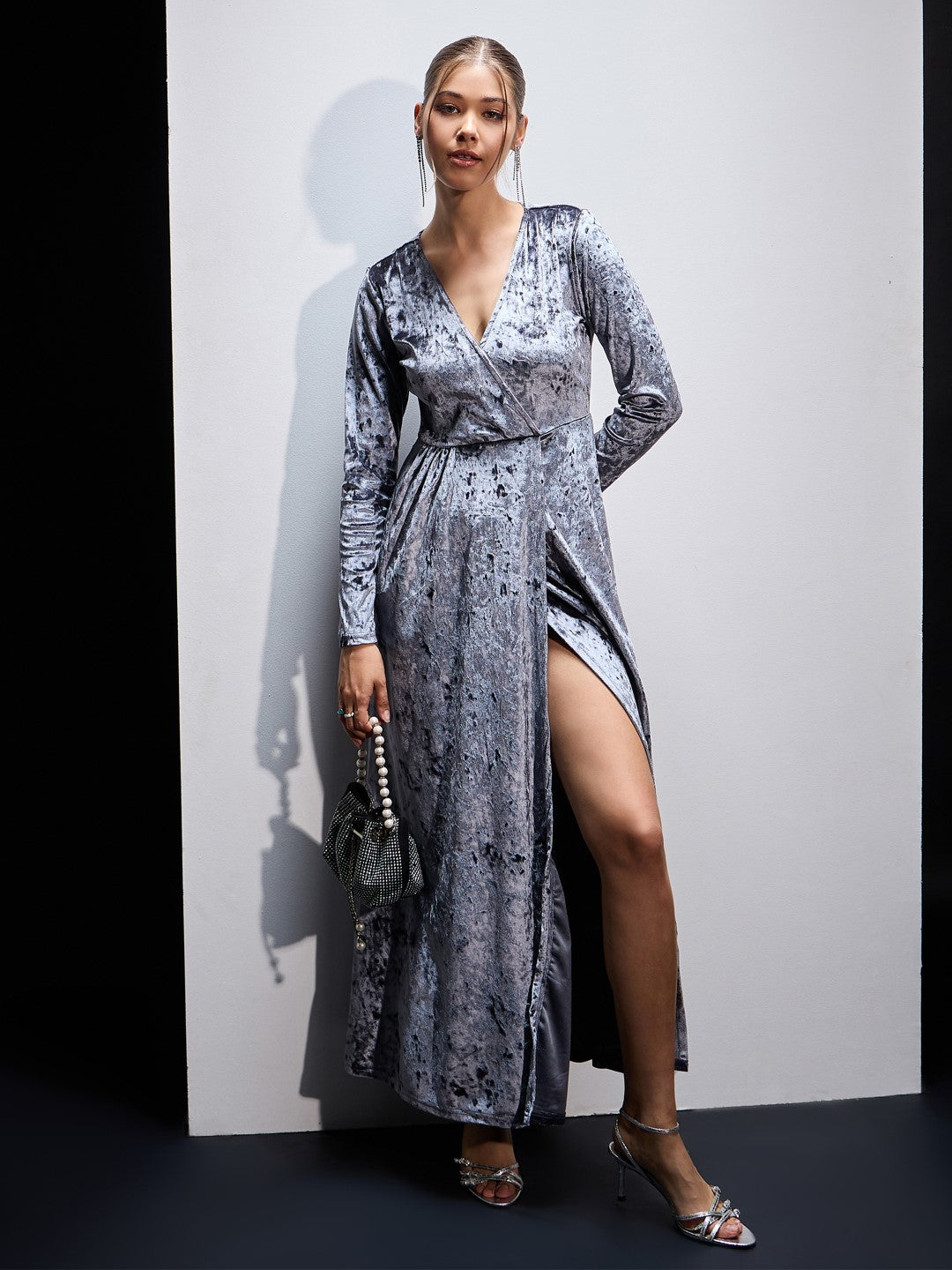 Women Grey Velvet Front Slit Maxi Dress
