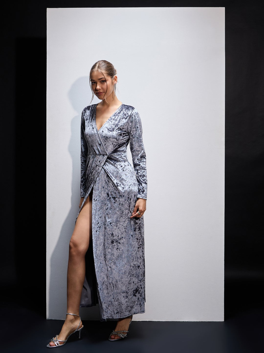 Women Grey Velvet Front Slit Maxi Dress