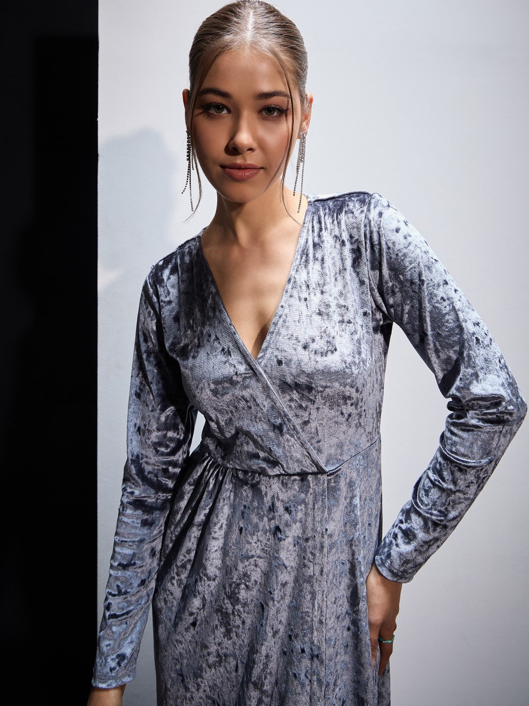 Women Grey Velvet Front Slit Maxi Dress