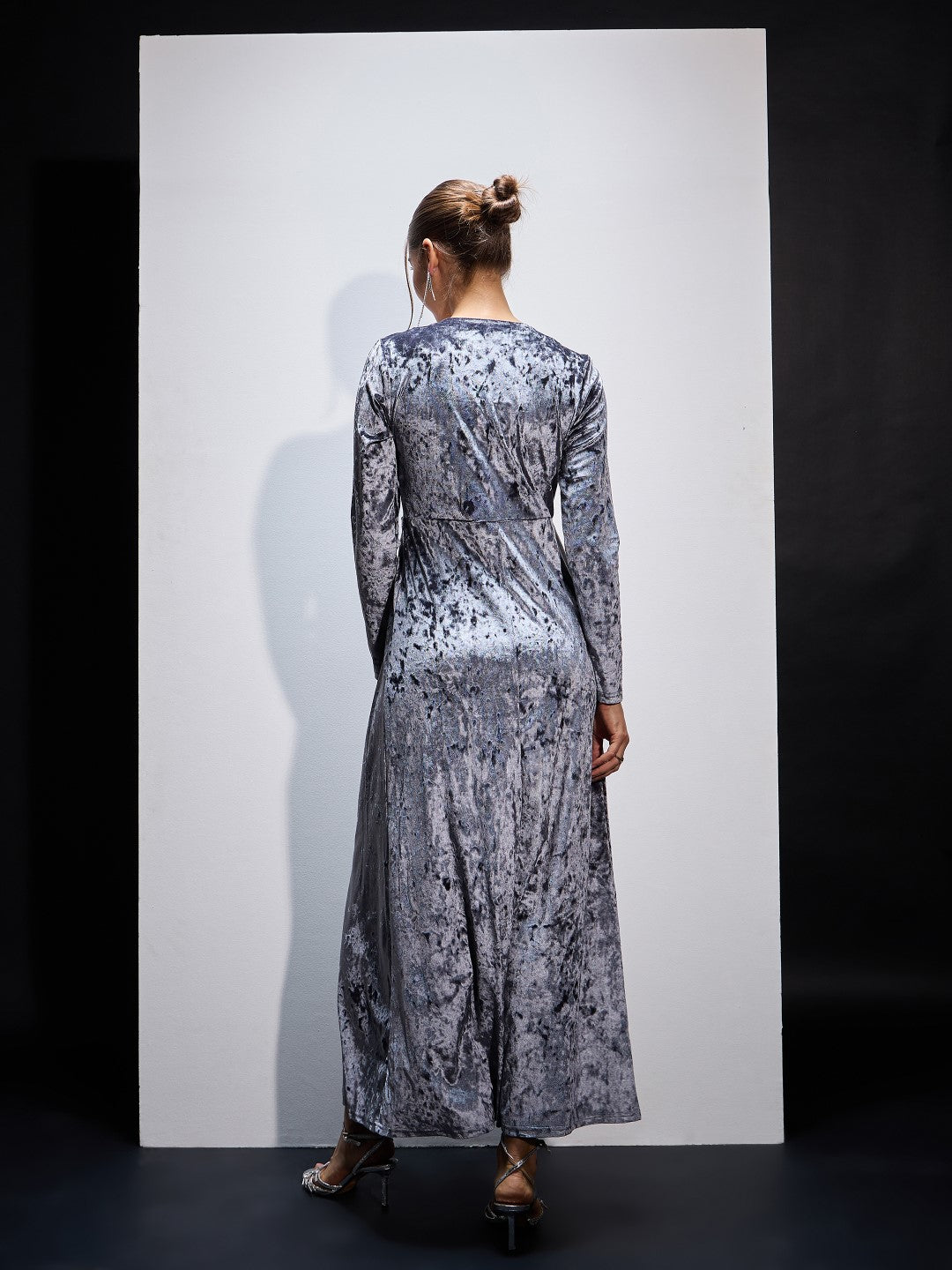 Women Grey Velvet Front Slit Maxi Dress