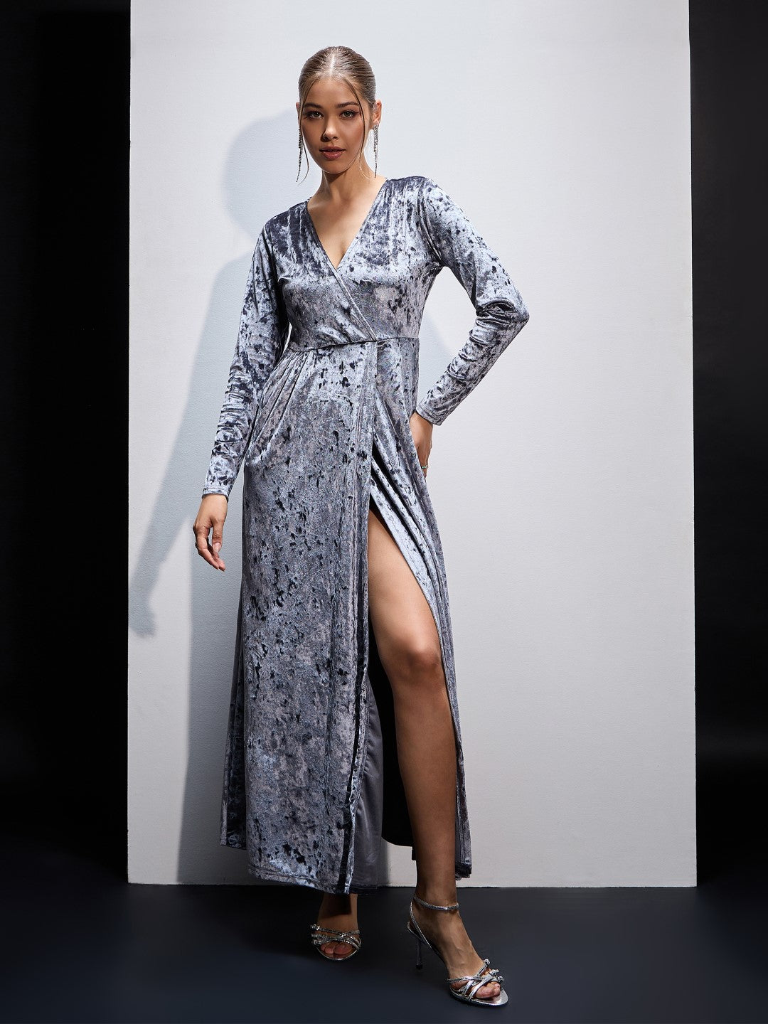Women Grey Velvet Front Slit Maxi Dress