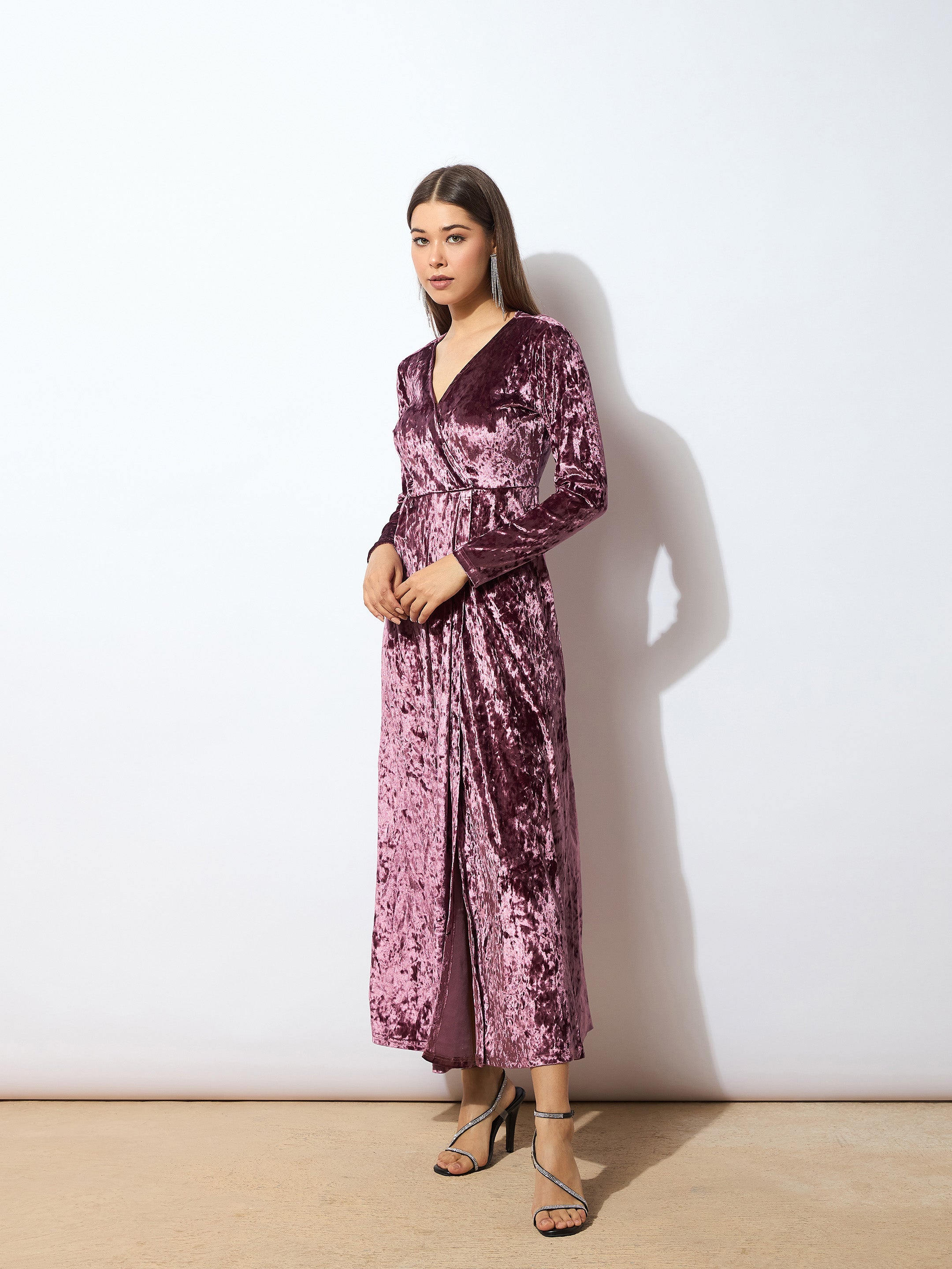 Women Onion Pink Velvet Front Slit Maxi Dress