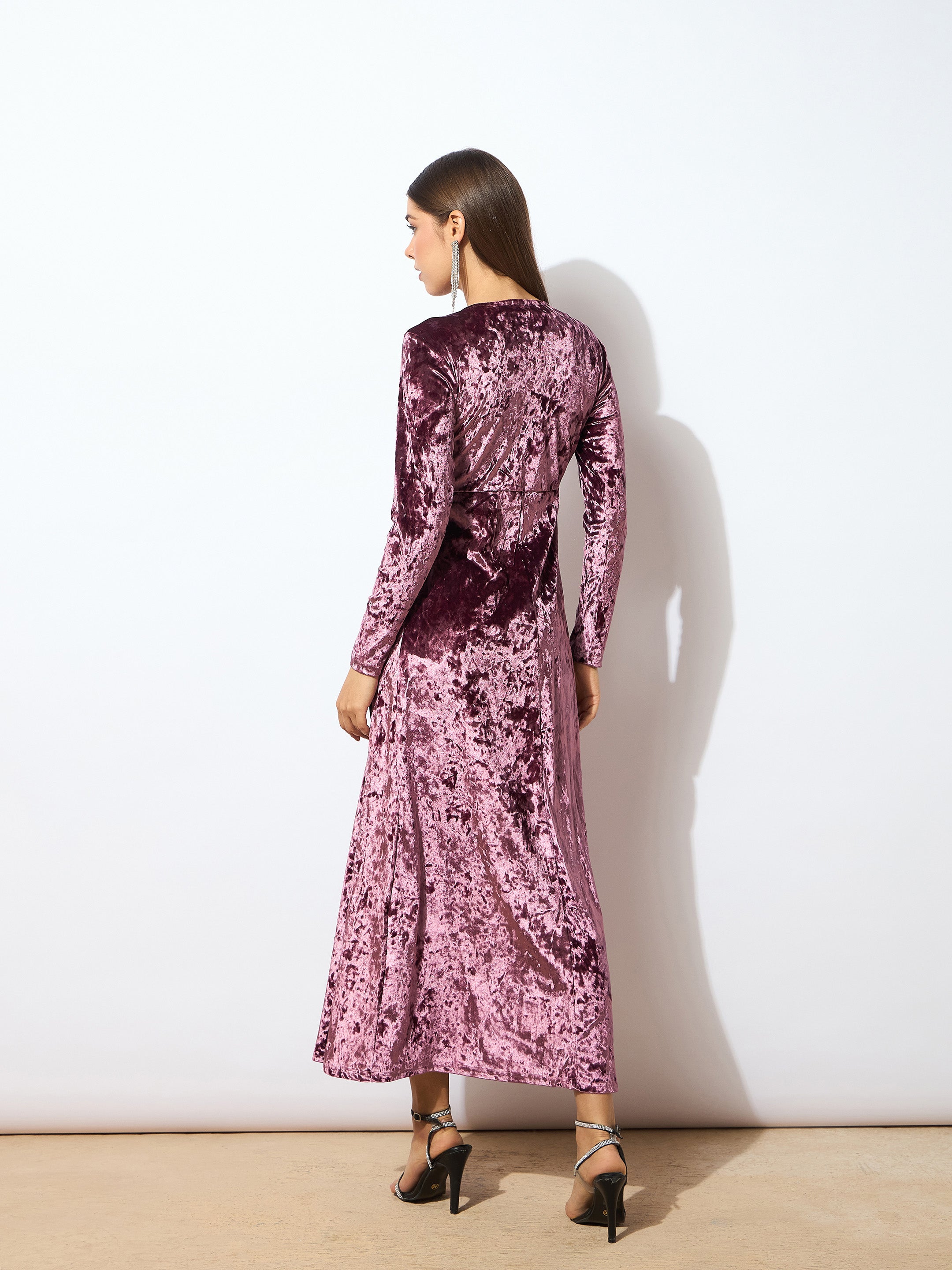 Women Onion Pink Velvet Front Slit Maxi Dress