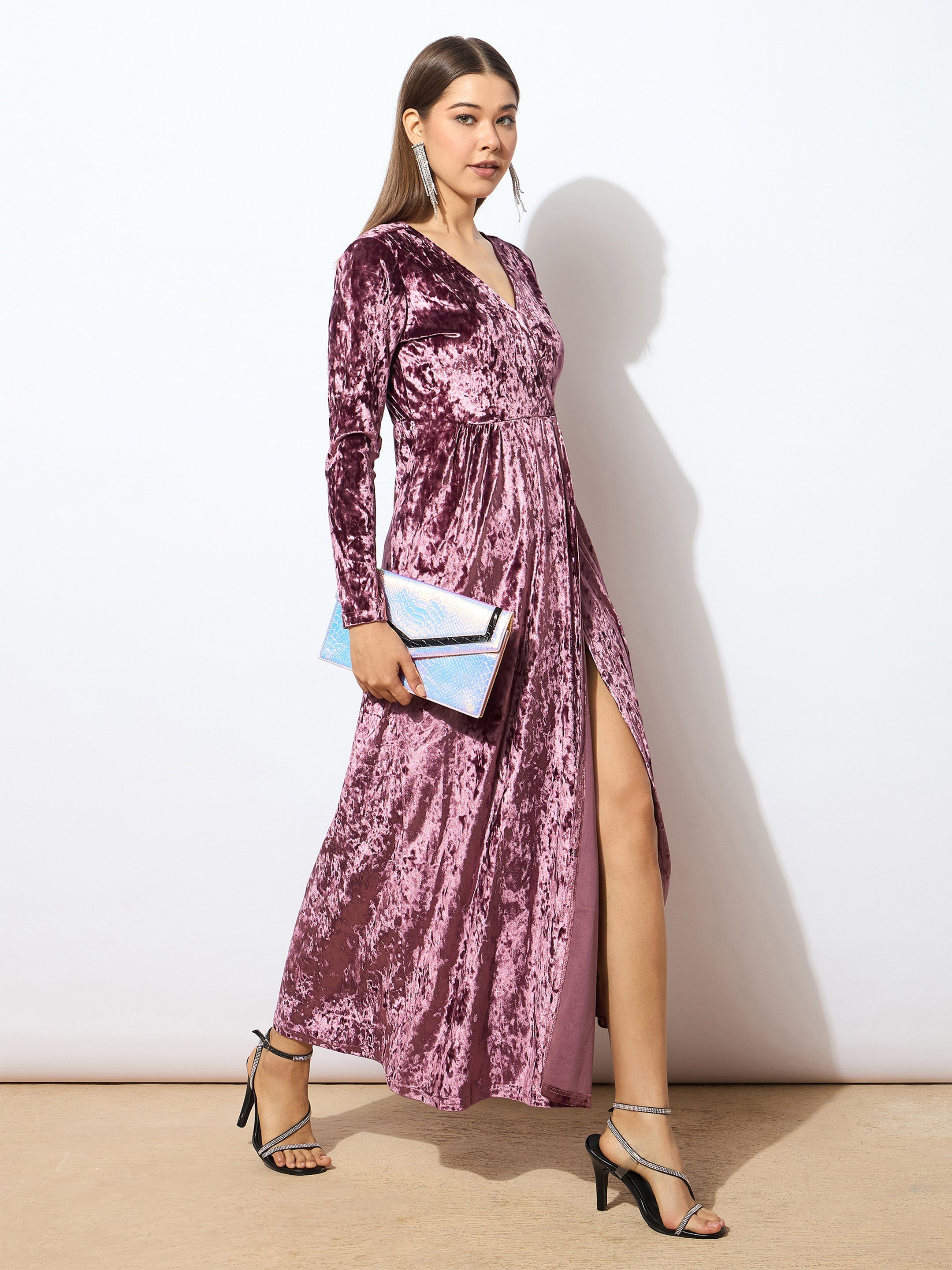 Women Onion Pink Velvet Front Slit Maxi Dress