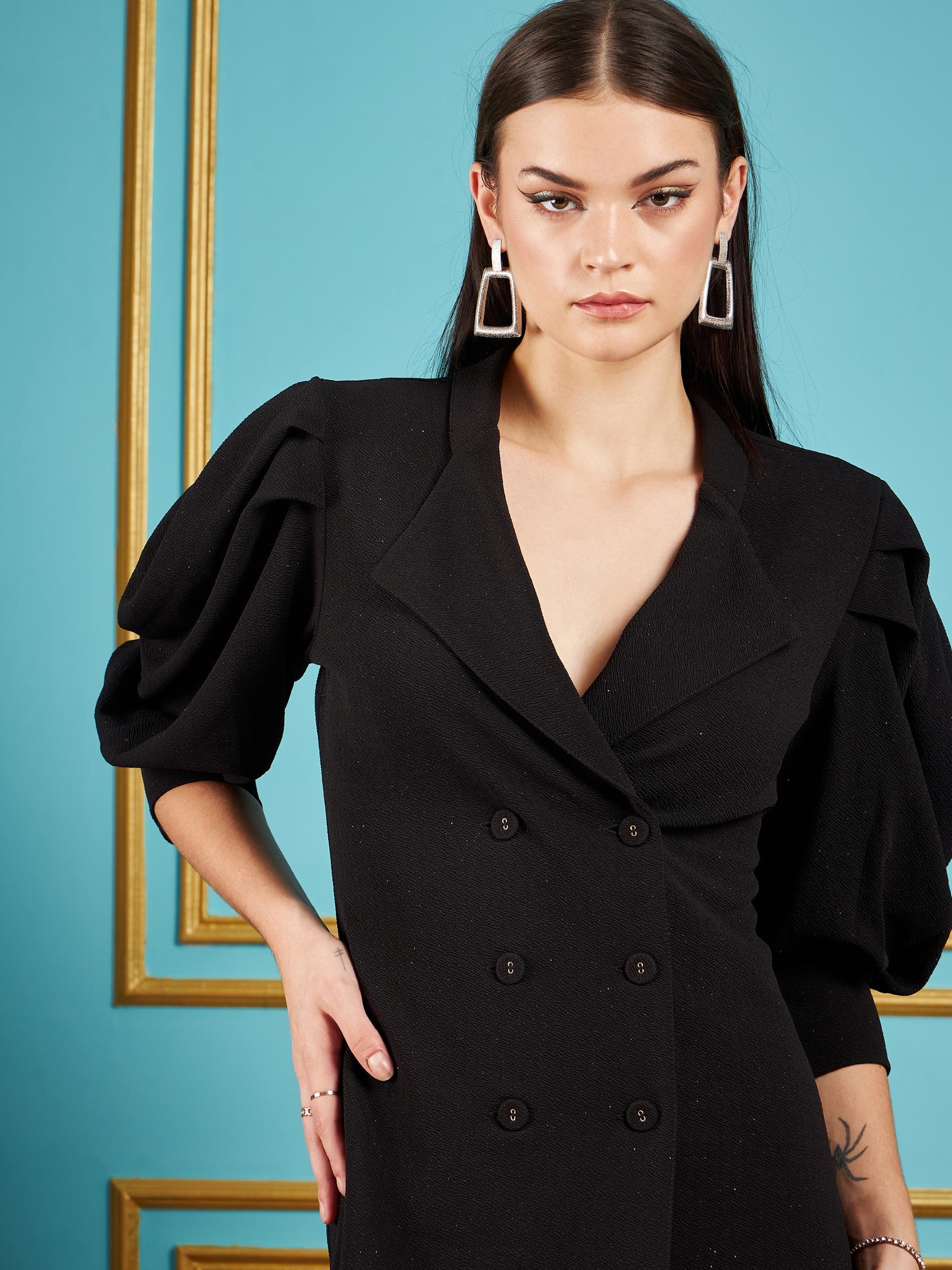 Women Black Gliiter Puff Sleeves Blazer Dress