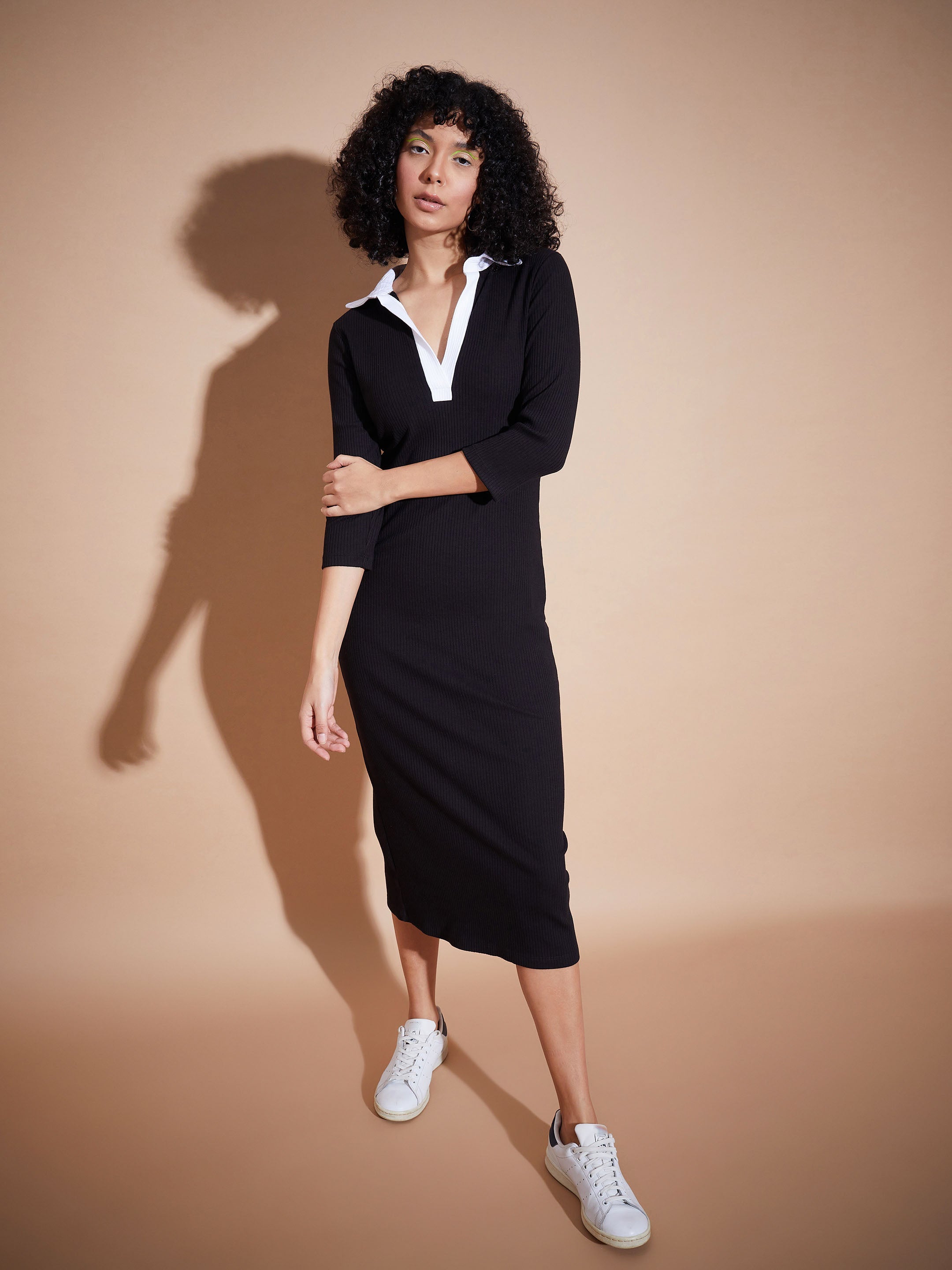 Women Black Rib Contrast Collar Midi Dress