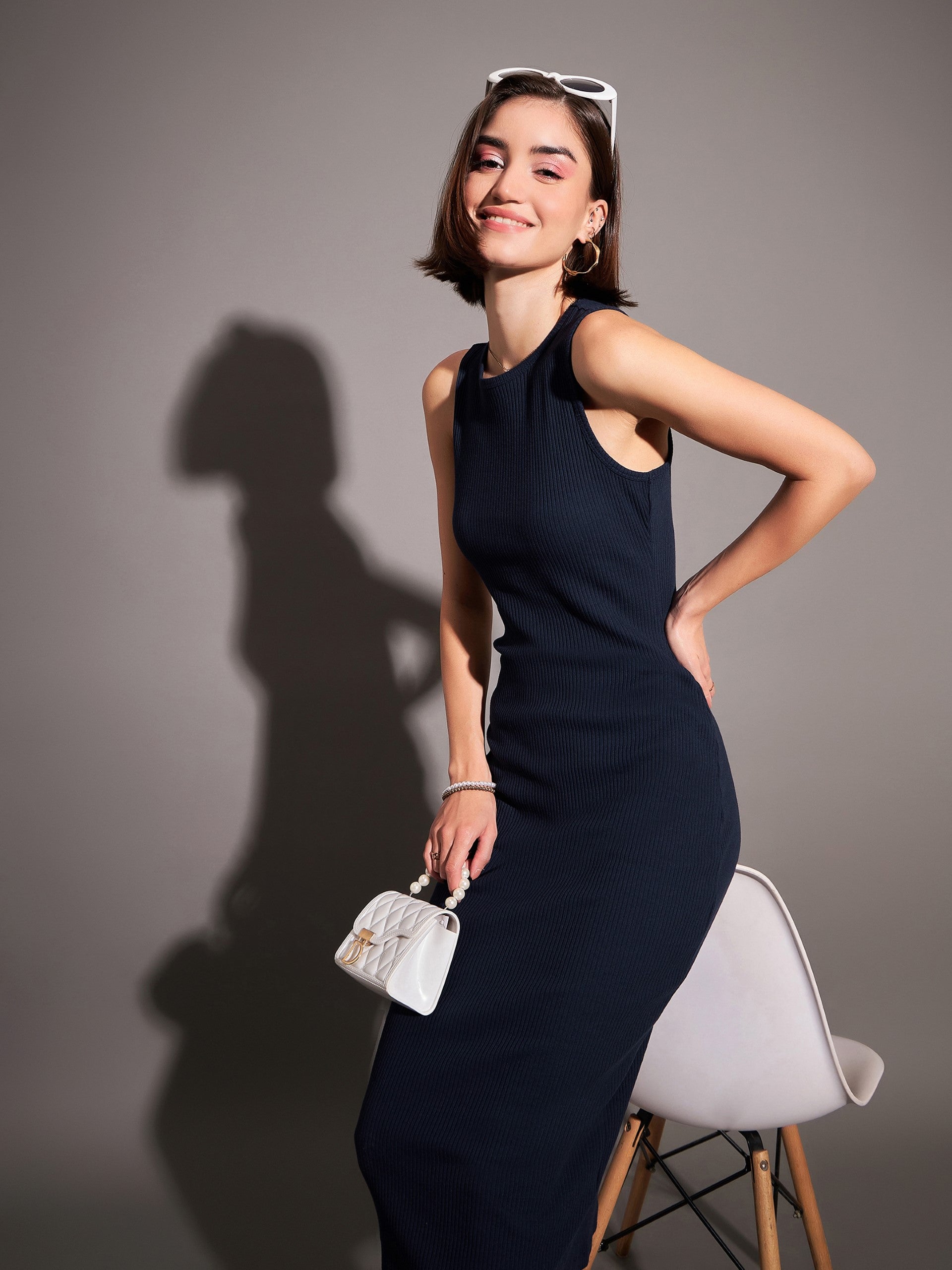 Women Navy Rib Sleeveless Bodycon Dress