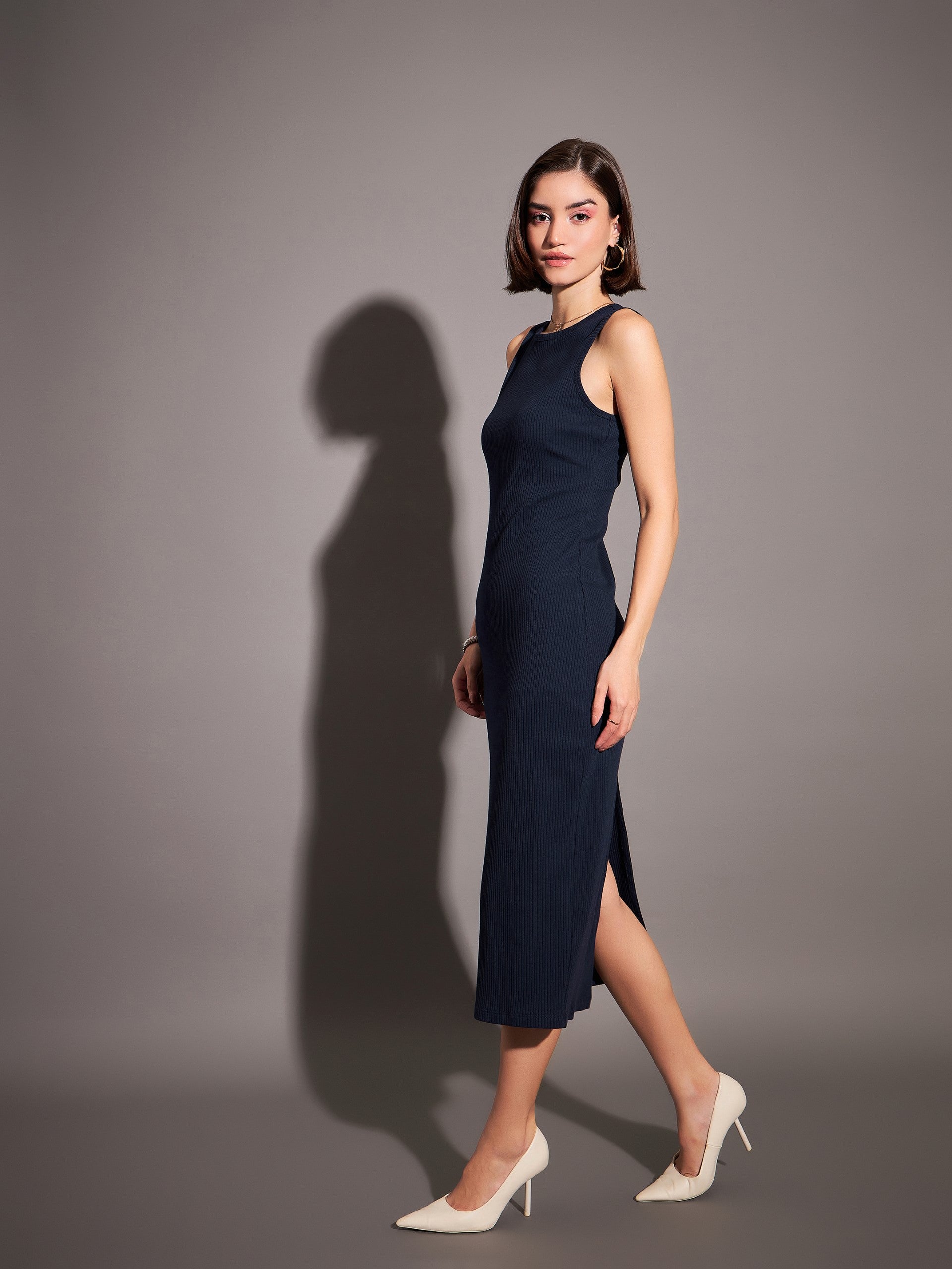 Women Navy Rib Sleeveless Bodycon Dress