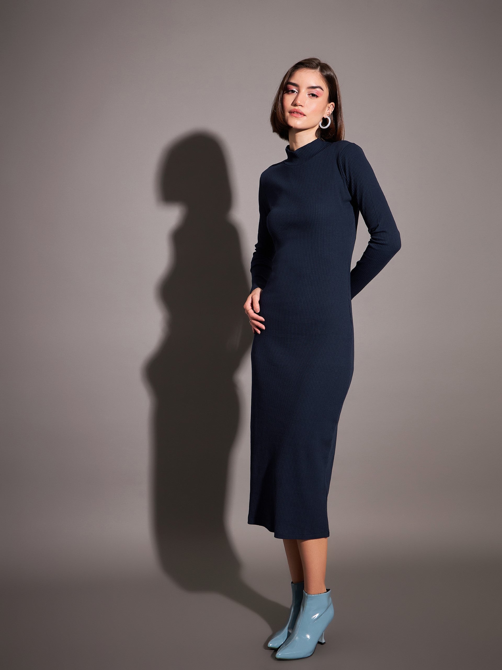 Women Navy Rib High Neck Maxi Dress