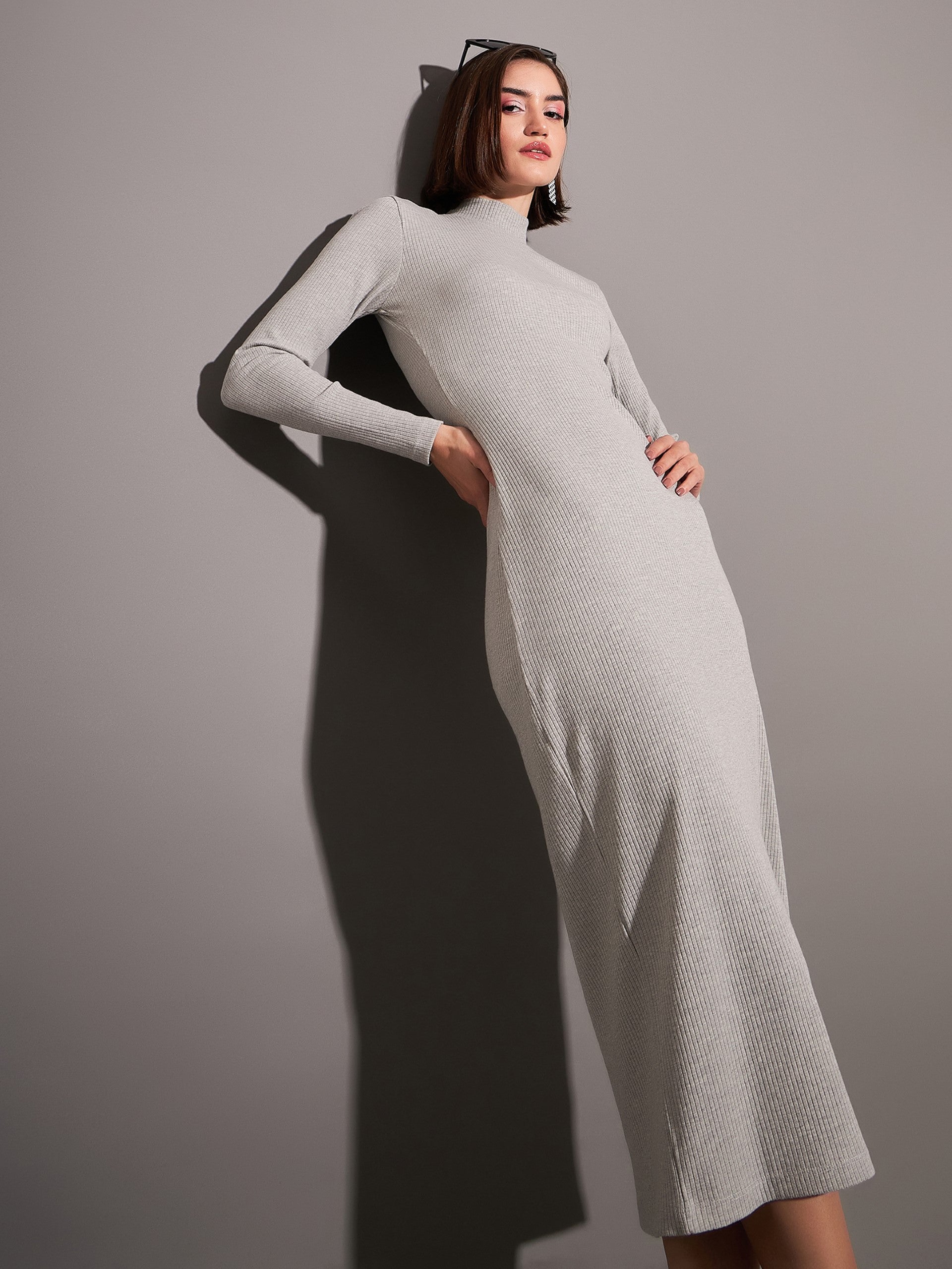 Women Grey Rib High Neck Maxi Dress