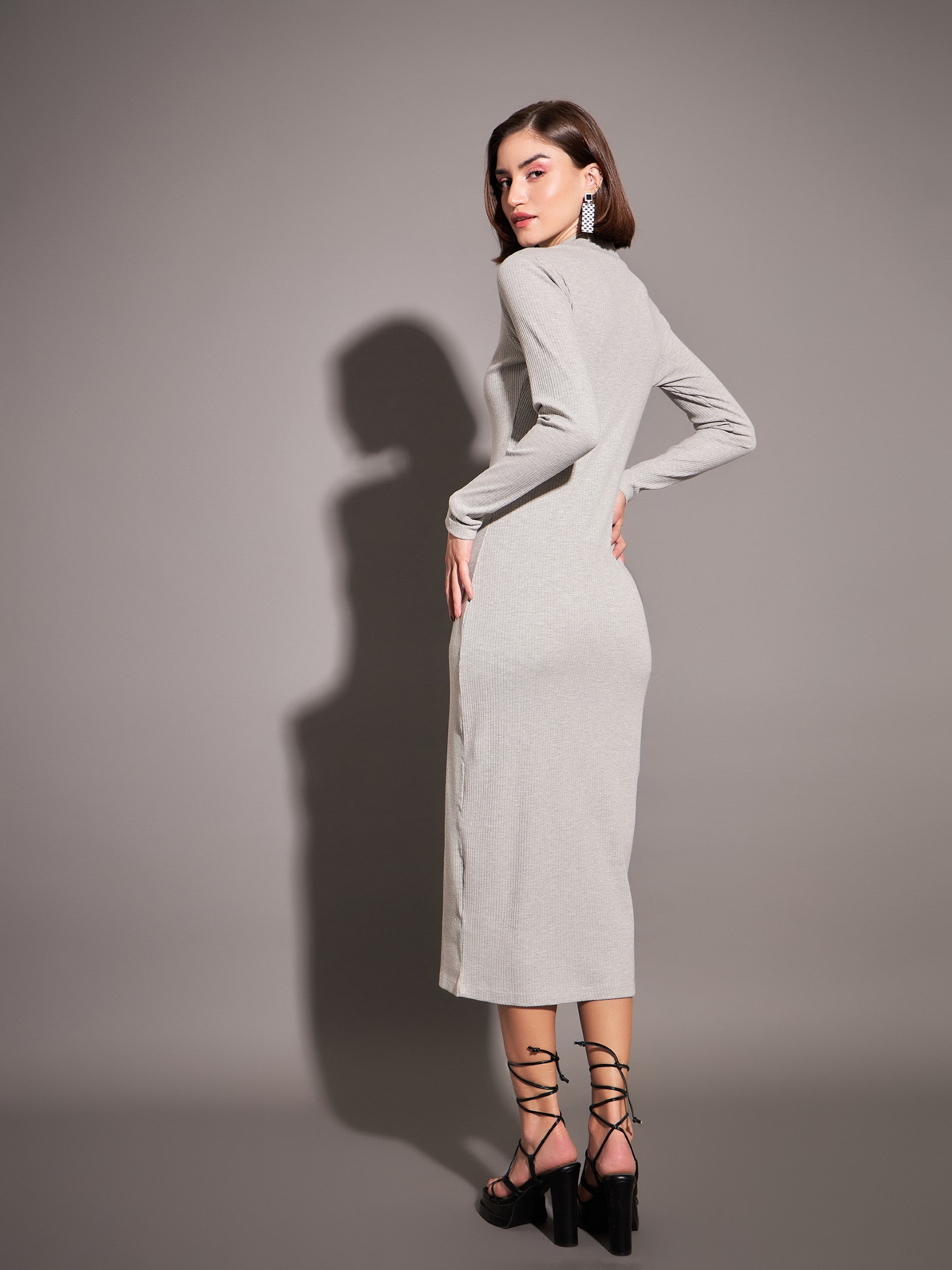 Women Grey Rib High Neck Maxi Dress