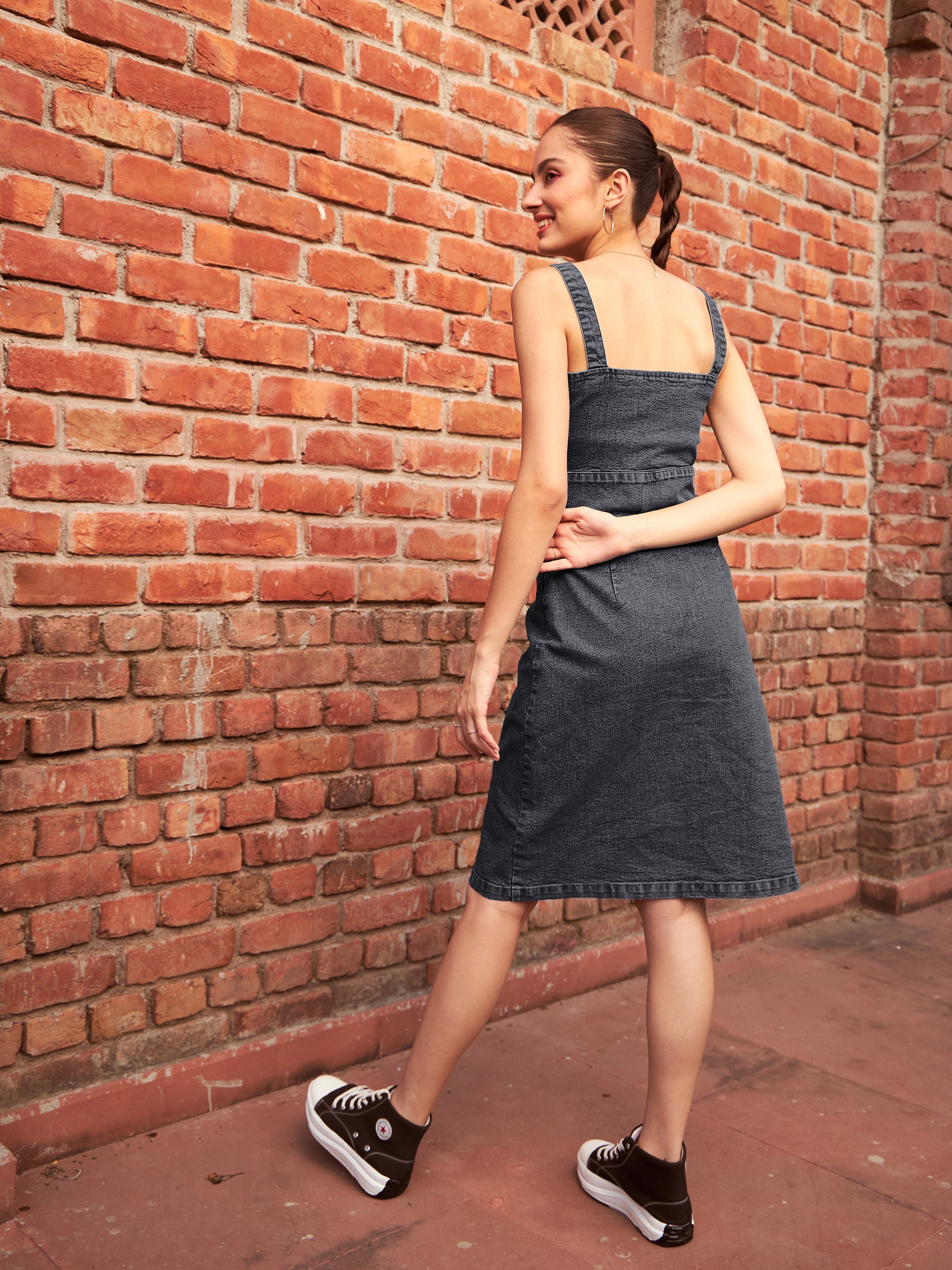 Women Black Denim Wash Strappy Dress