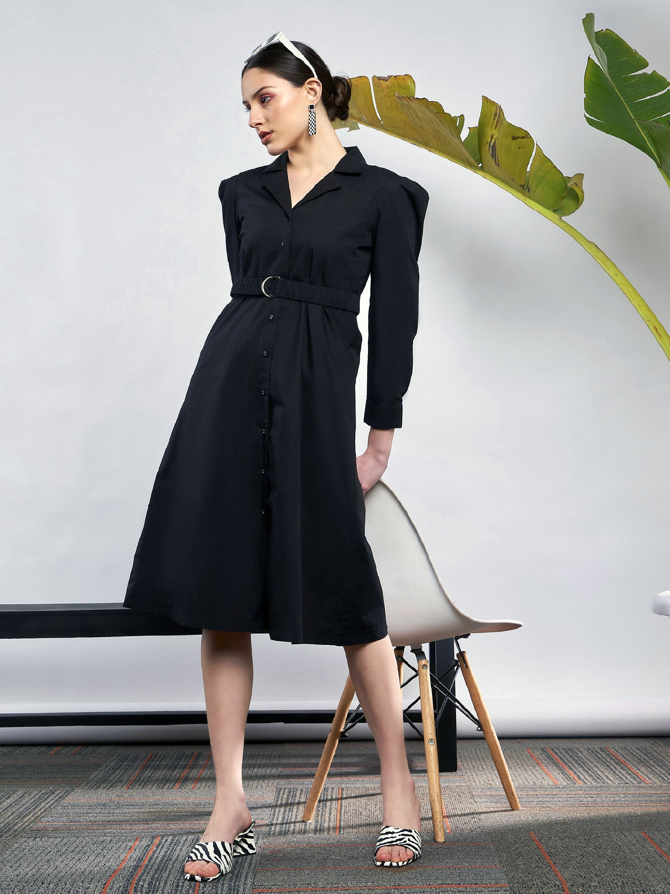 Women Black Poplin Ruched Belted Shirt Dress