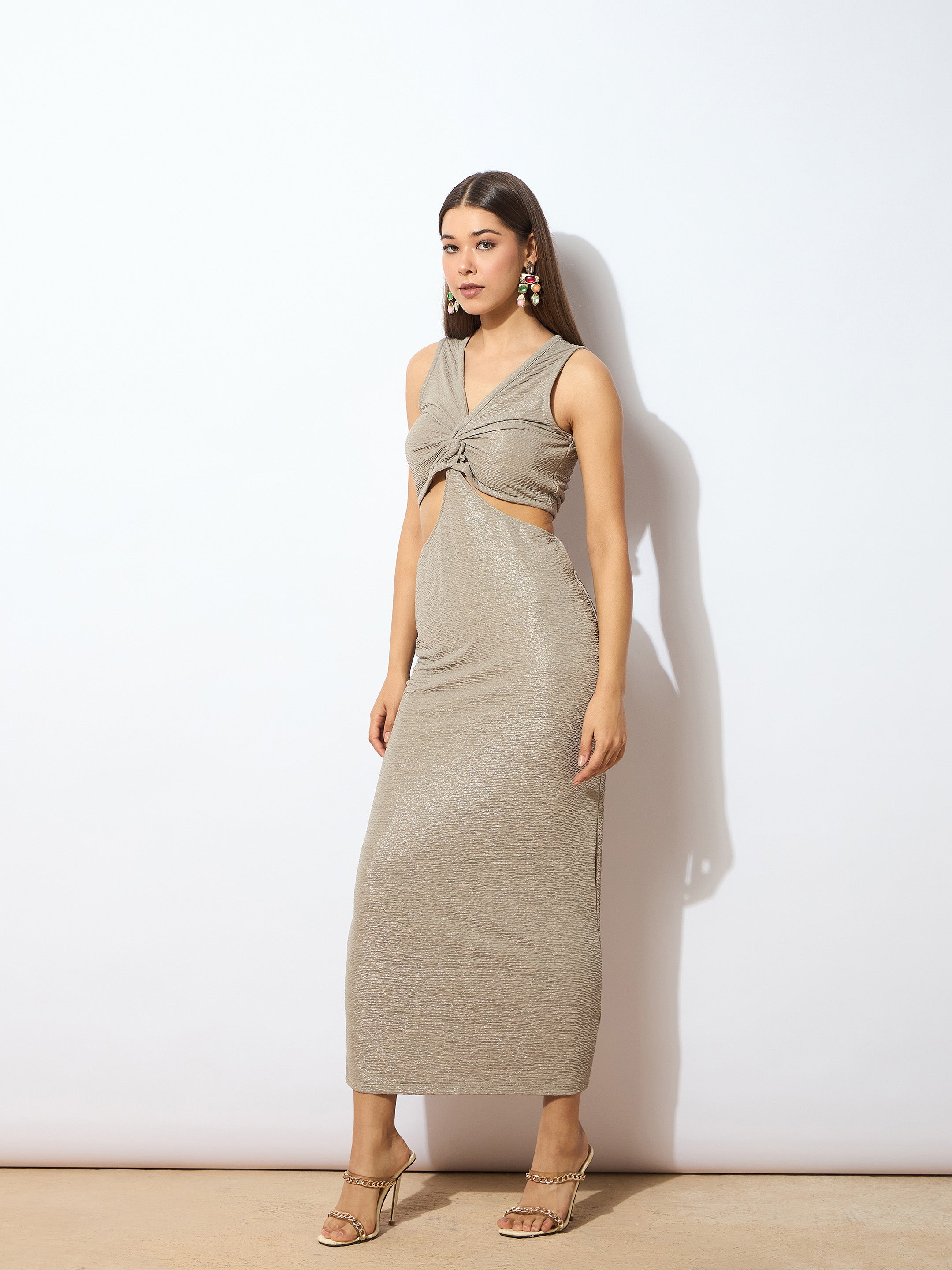 Women Grey Glitter Lurex Cut-Out Maxi Dress