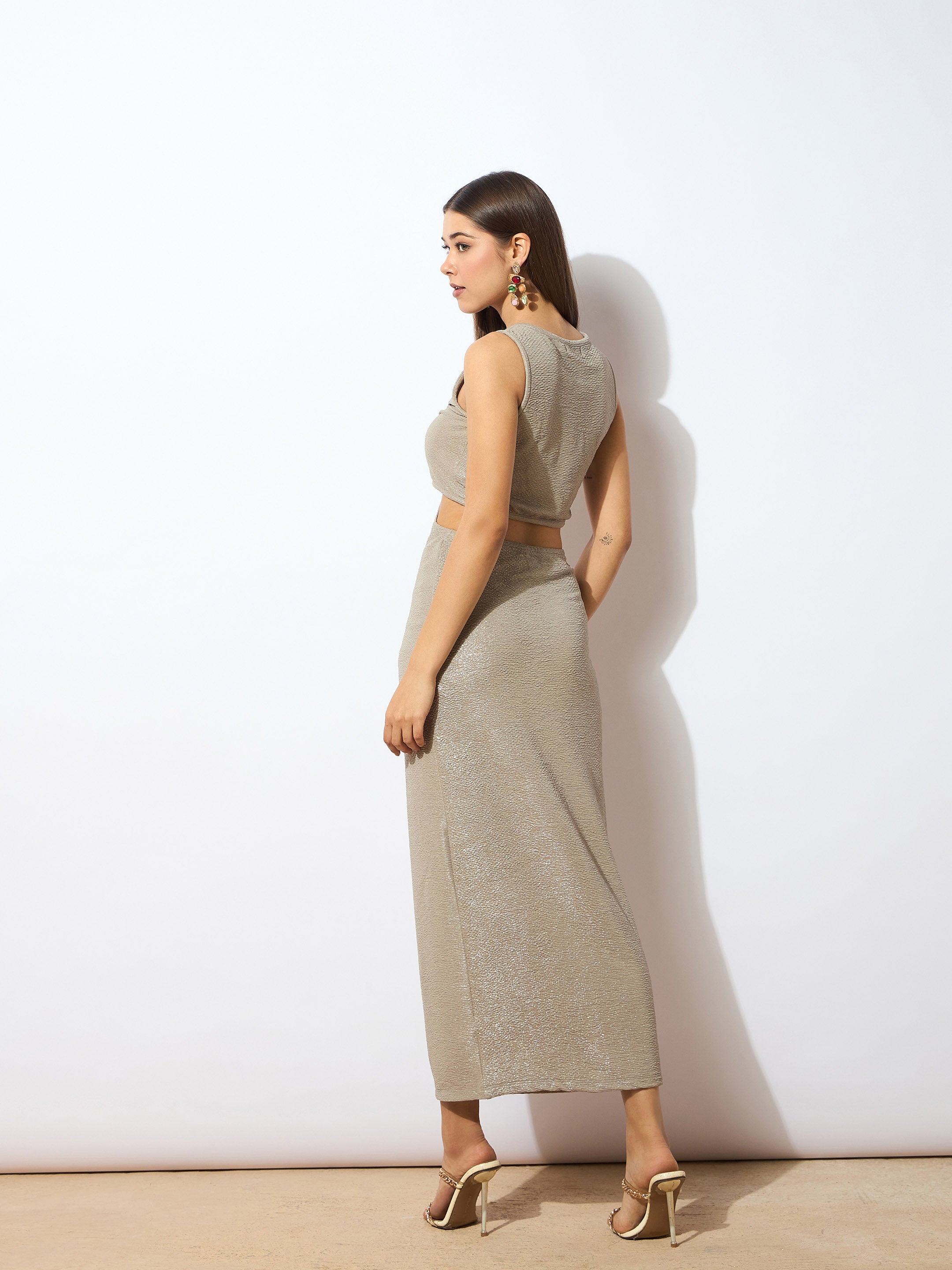 Women Grey Glitter Lurex Cut-Out Maxi Dress