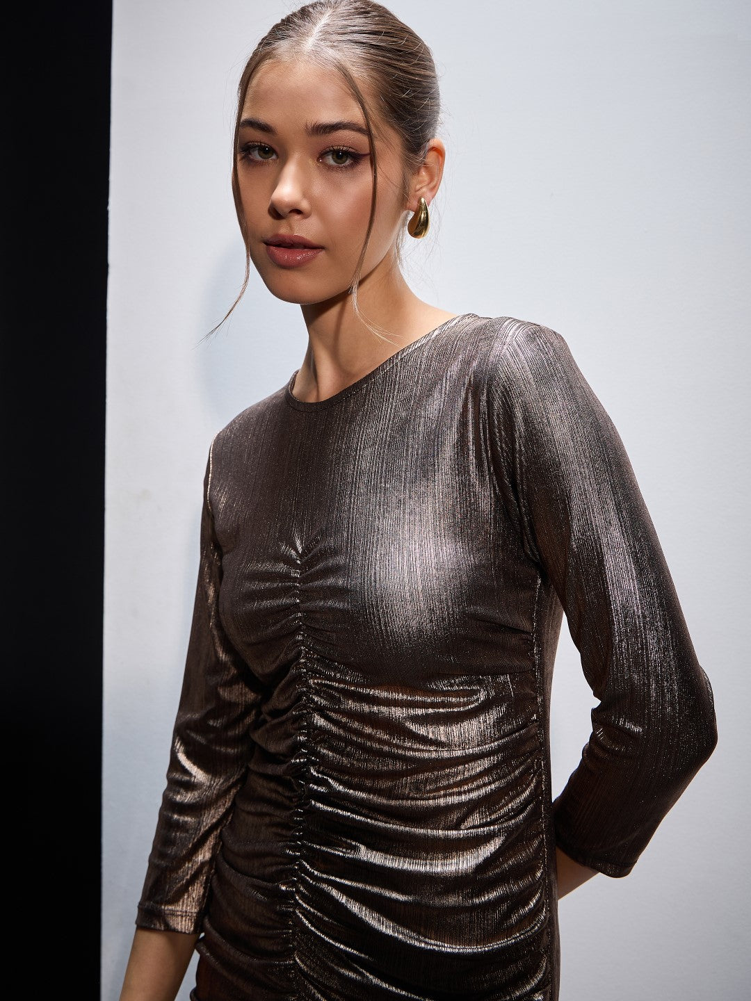 Women Mettalic Gold Ruched Short Bodycon Dress