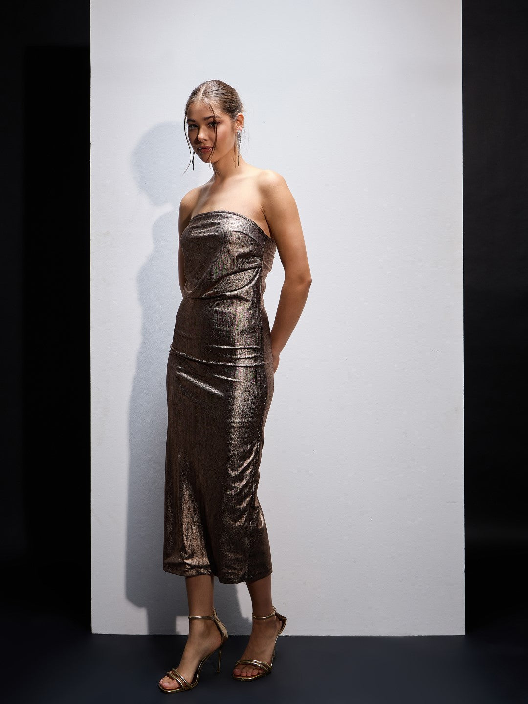 Women Mettalic Gold Knitted Corset Midi Dress
