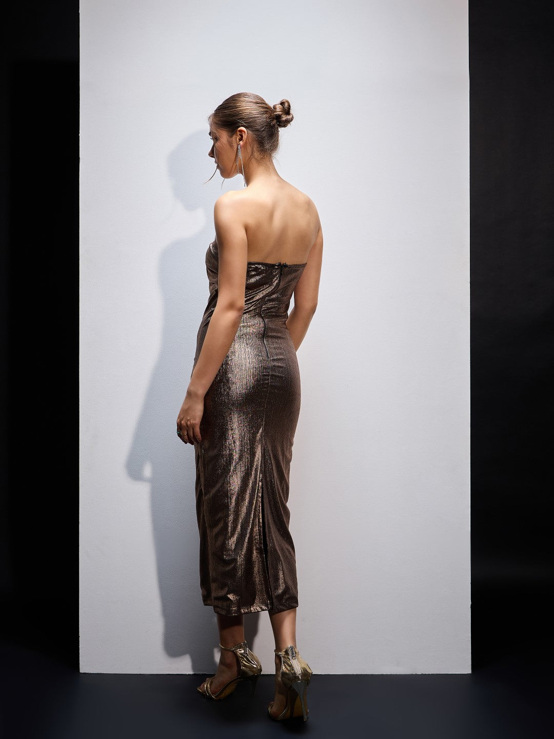 Women Mettalic Gold Knitted Corset Midi Dress