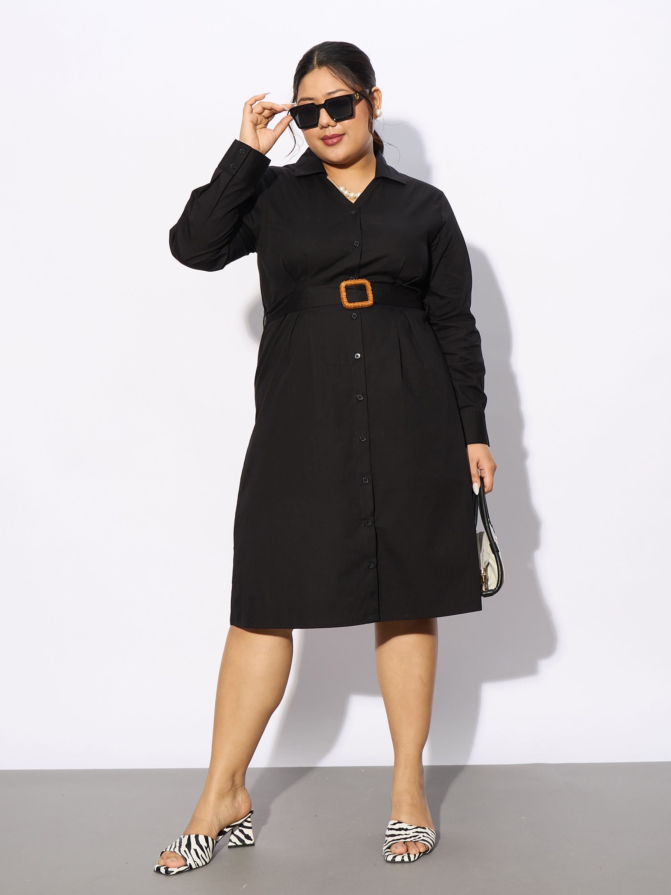 Women Black Poplin Belted Shirt Dress