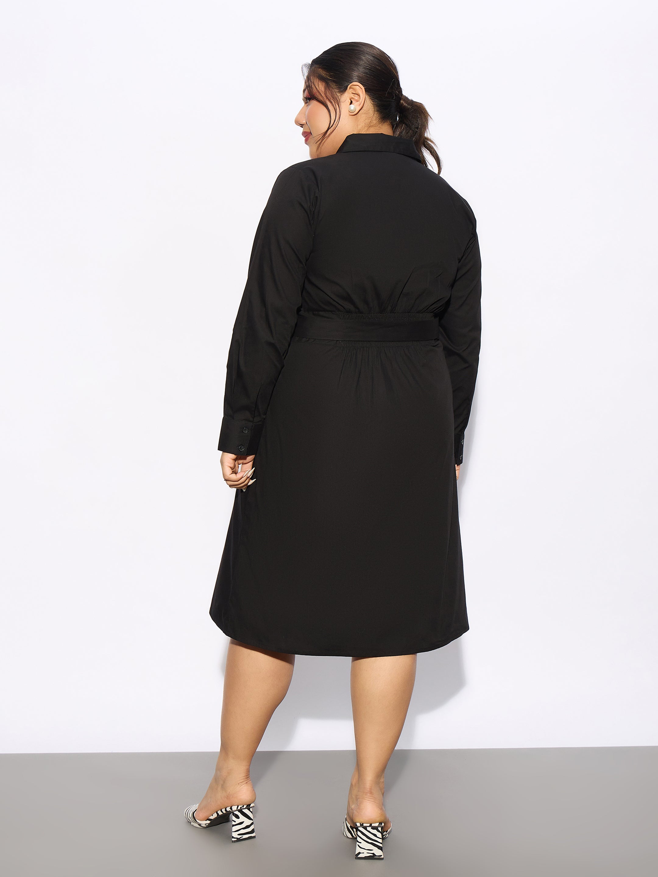 Women Black Poplin Belted Shirt Dress