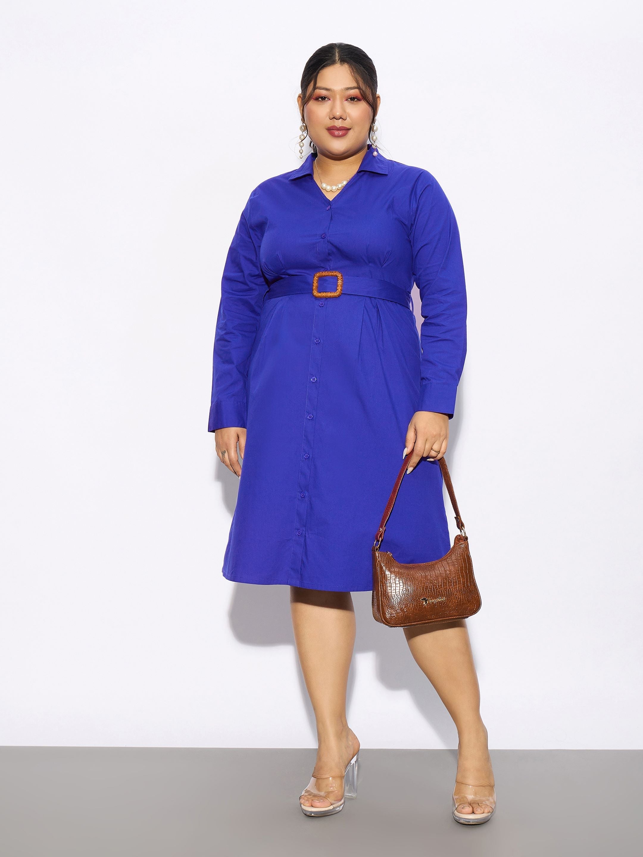 Women Royal Blue Poplin Belted Shirt Dress