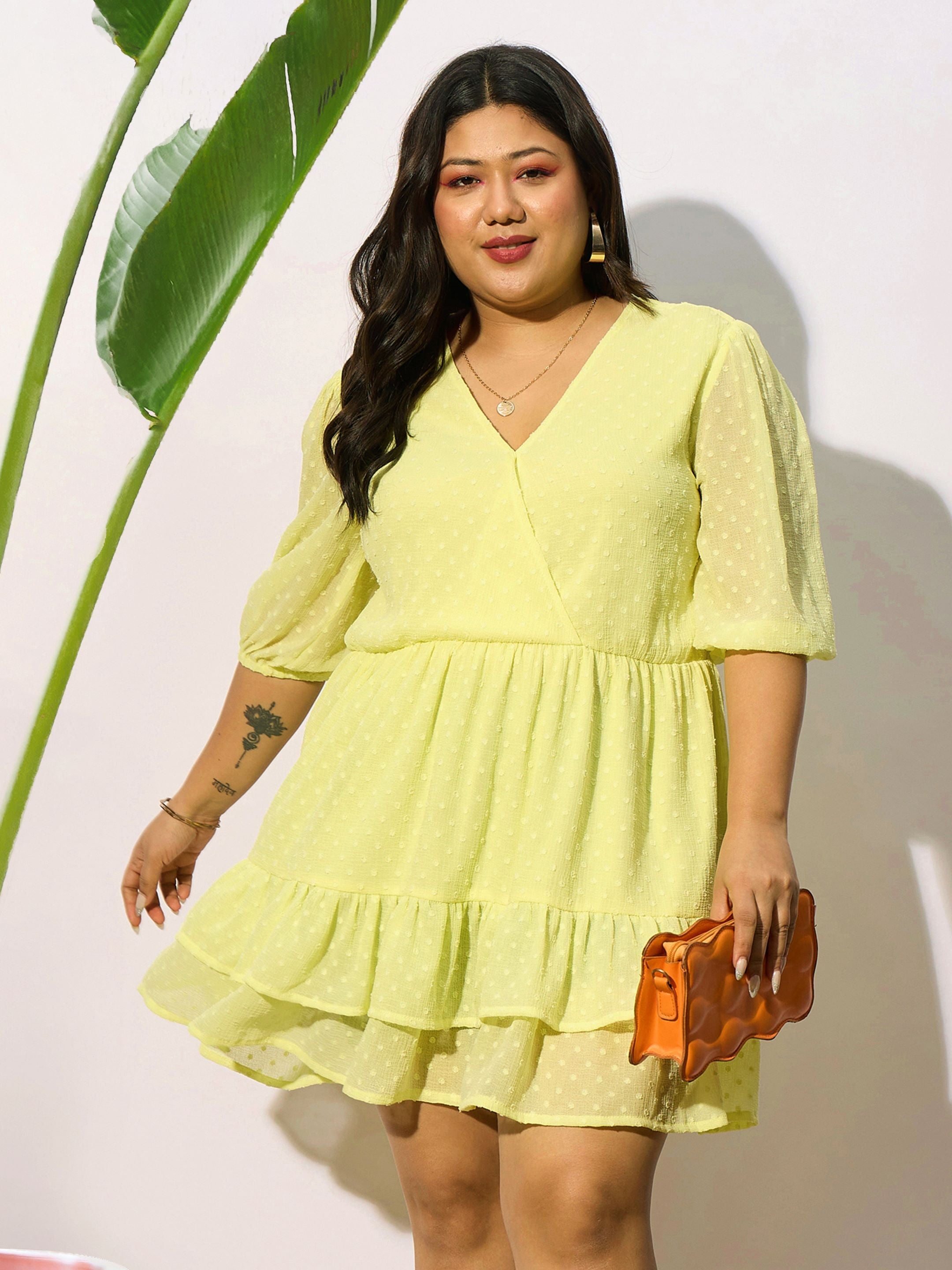 Women Yellow Dobby Frill Hem Skater Dress