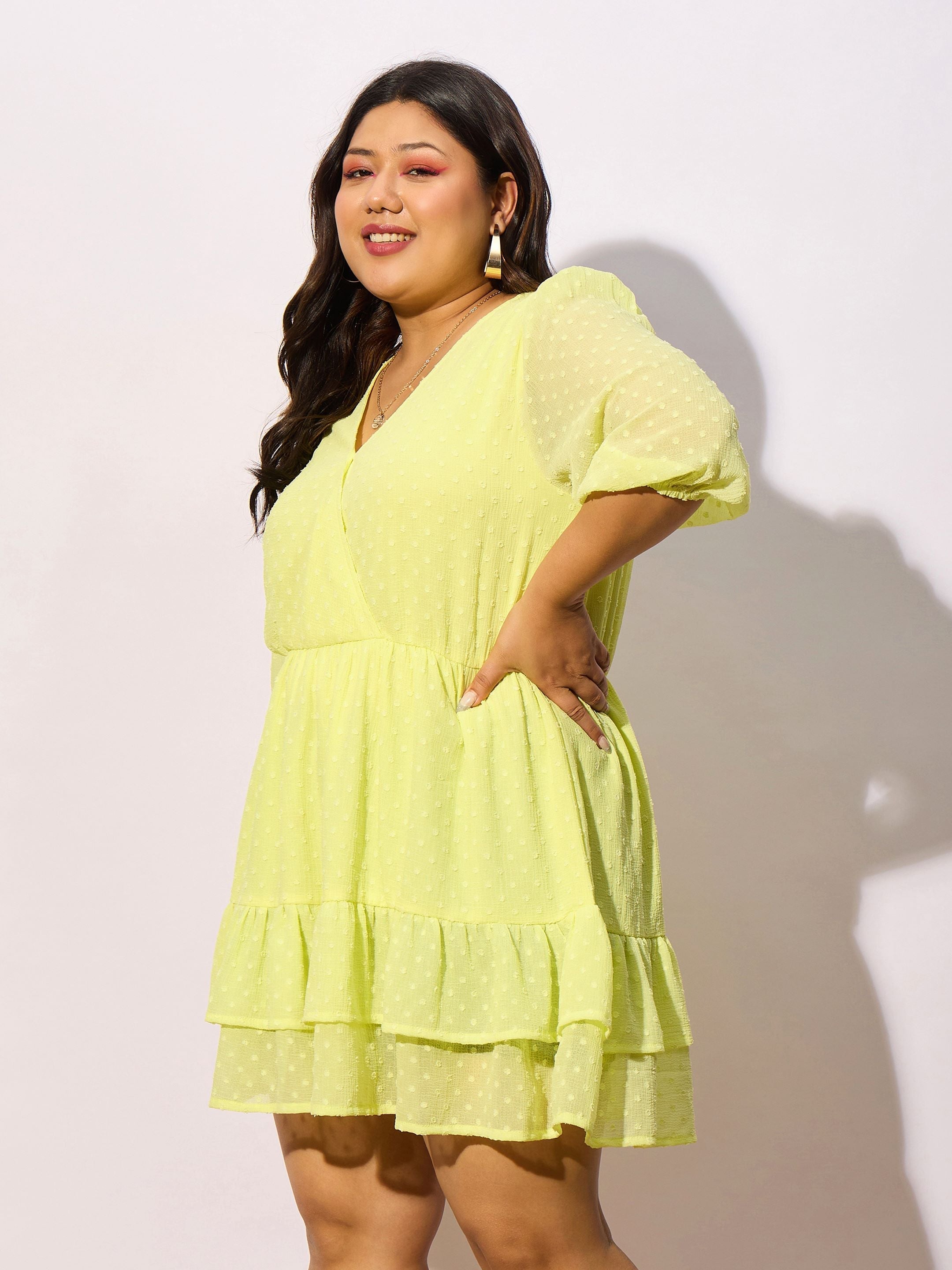 Women Yellow Dobby Frill Hem Skater Dress