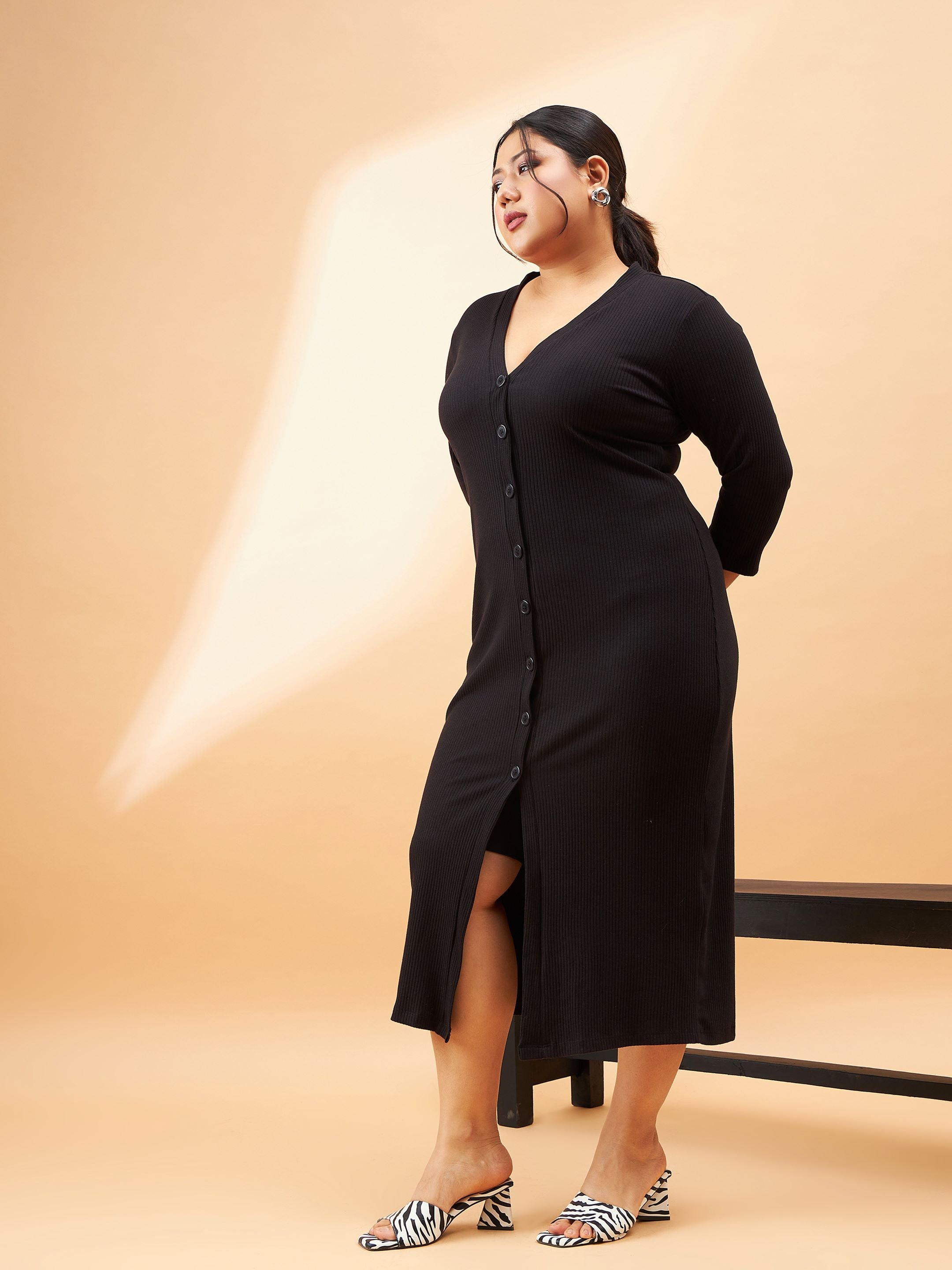 Women Black Rib Front Button V-Neck Midi Dress