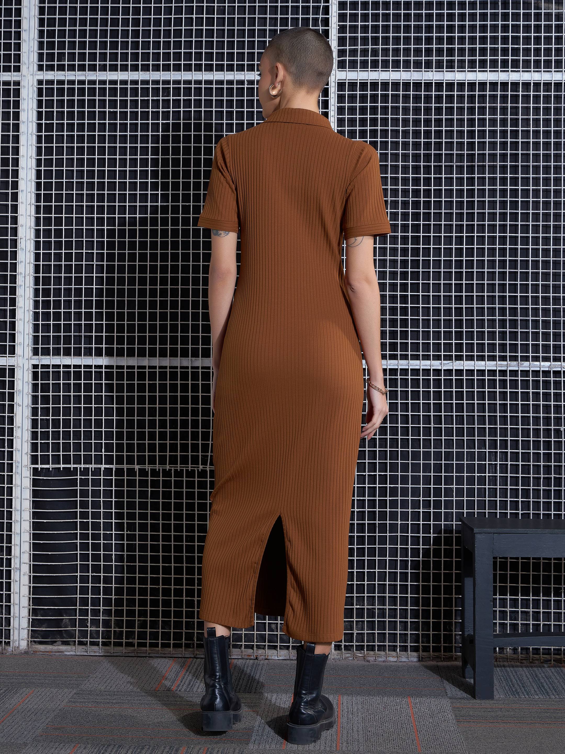 Women Brown Rib Polo Neck Bodycon Midi Dress