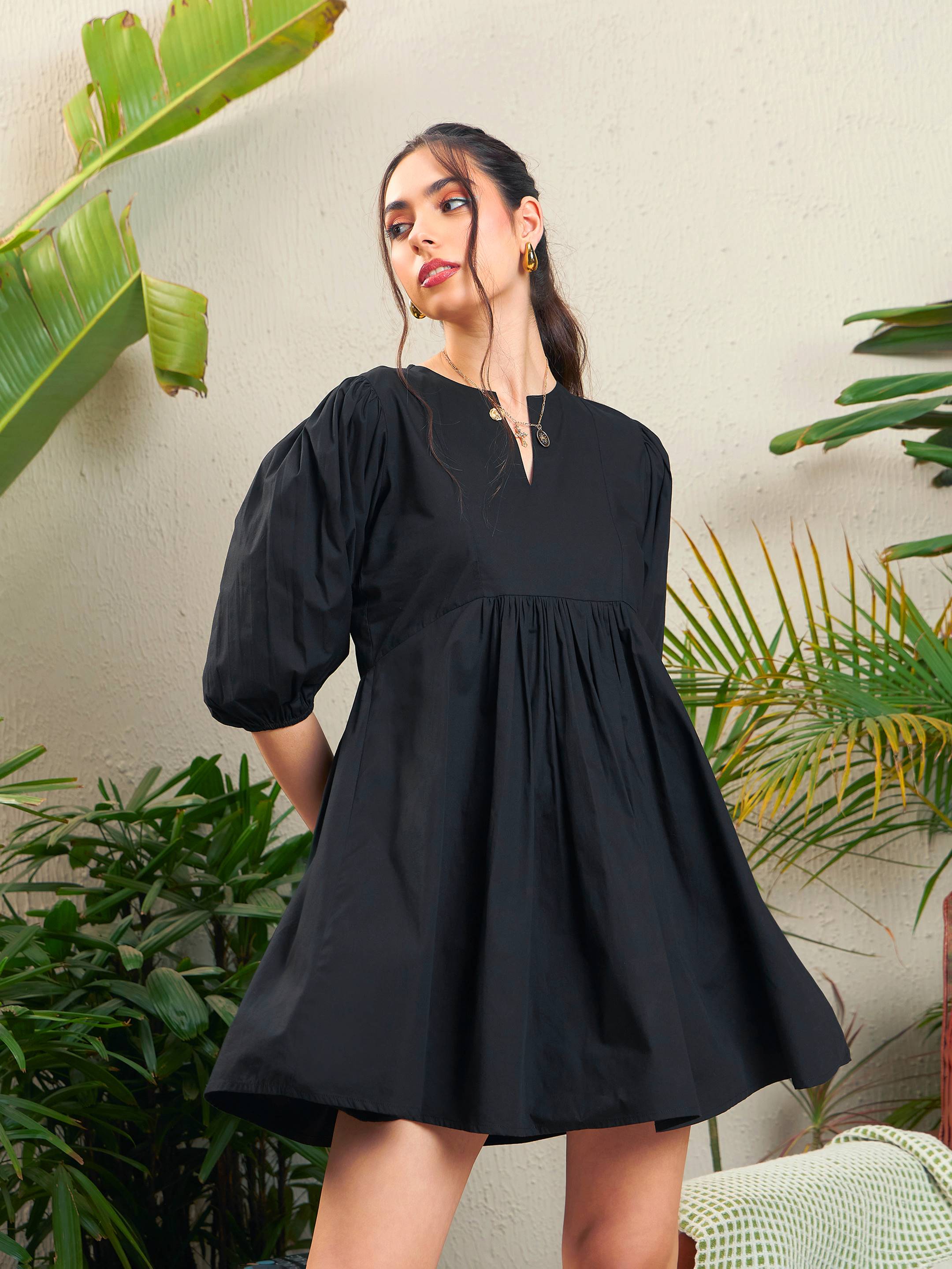 Women Black Poplin Puff Sleeves Gathered Dress