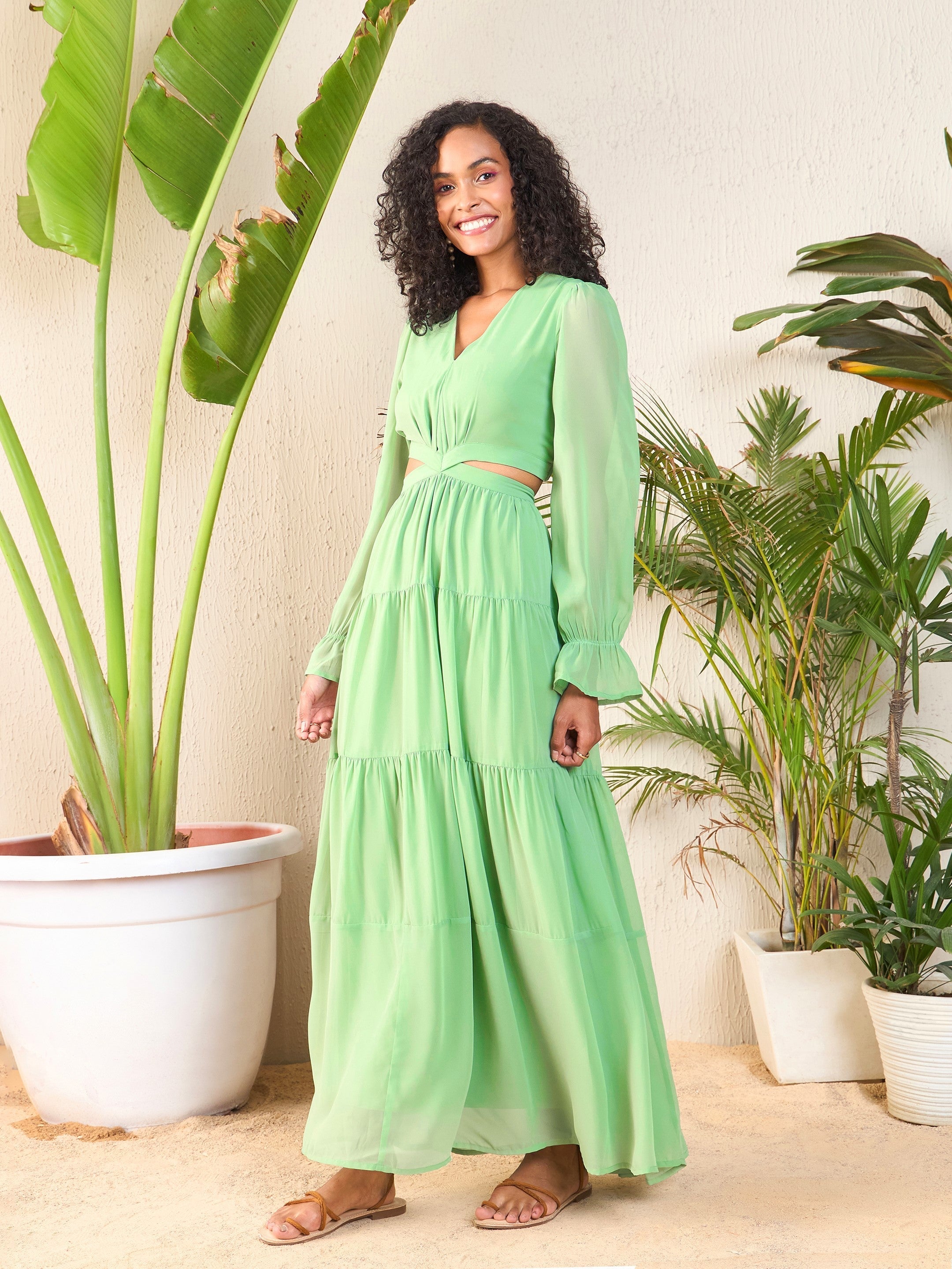 Women Jade Green Waist Cut-Out Maxi Dress