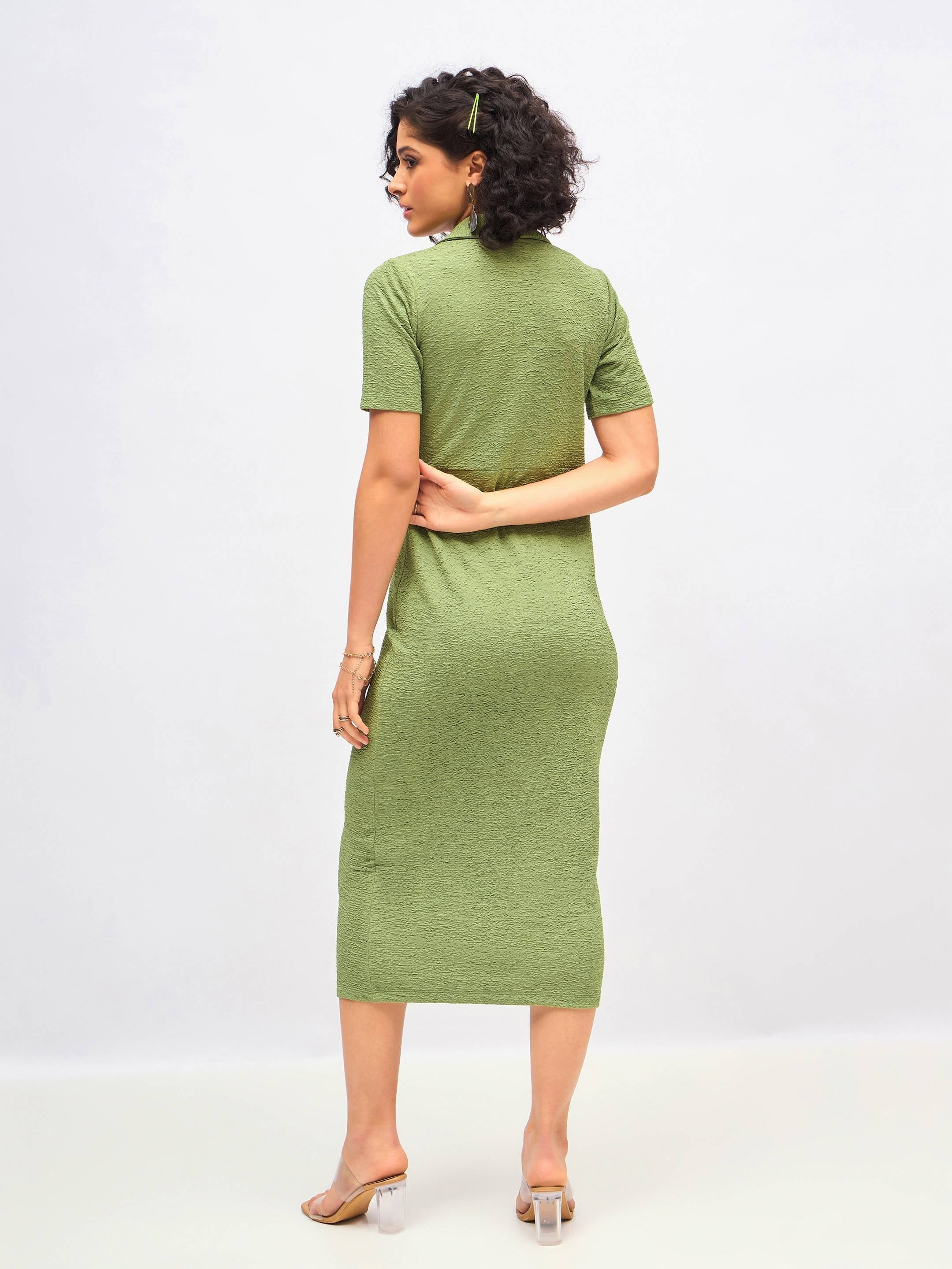 Women Green Knitted Front Button Bodycon Midi Dress