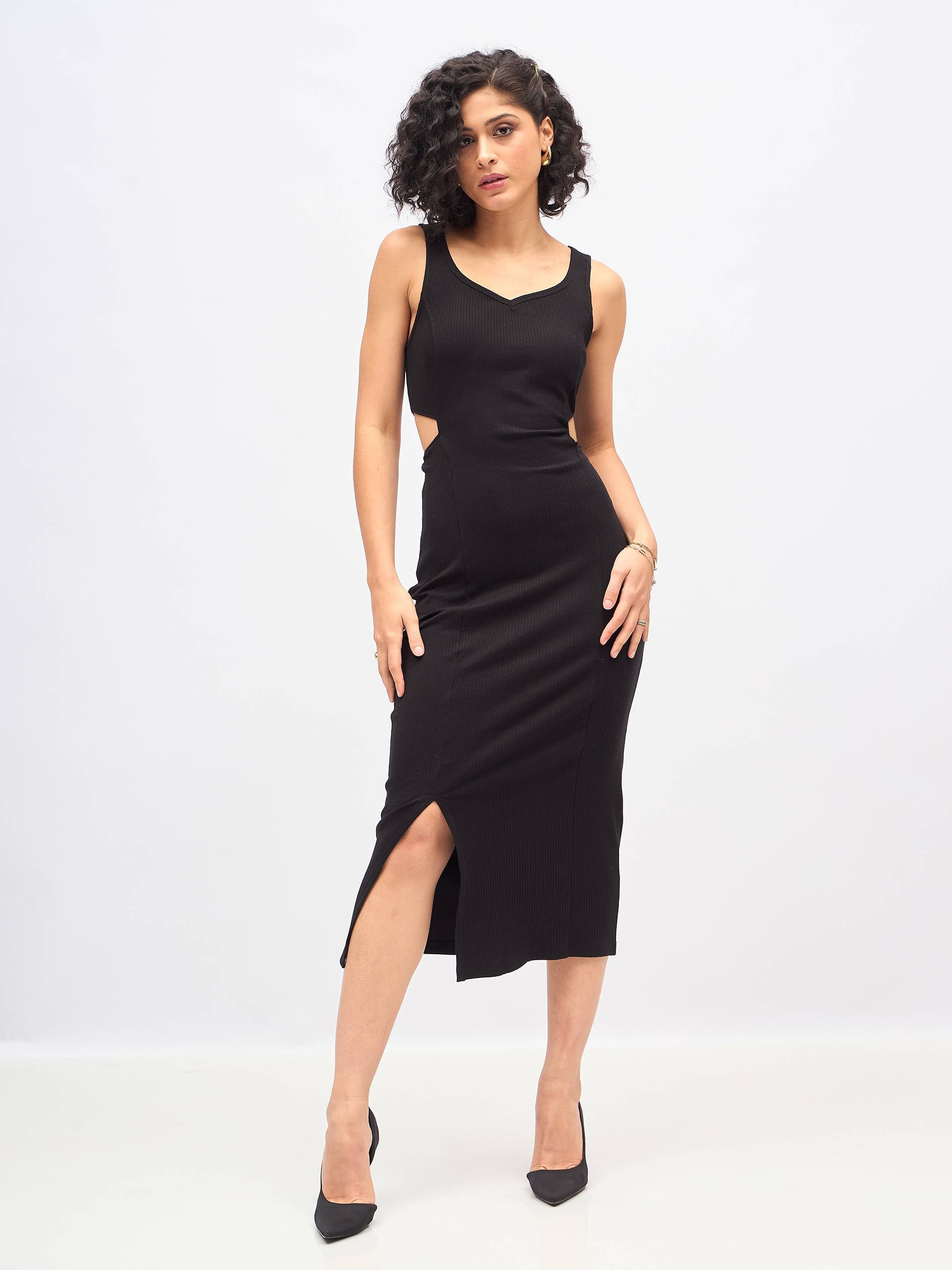 Women Black Rib Waist Cut-Out Midi Dress