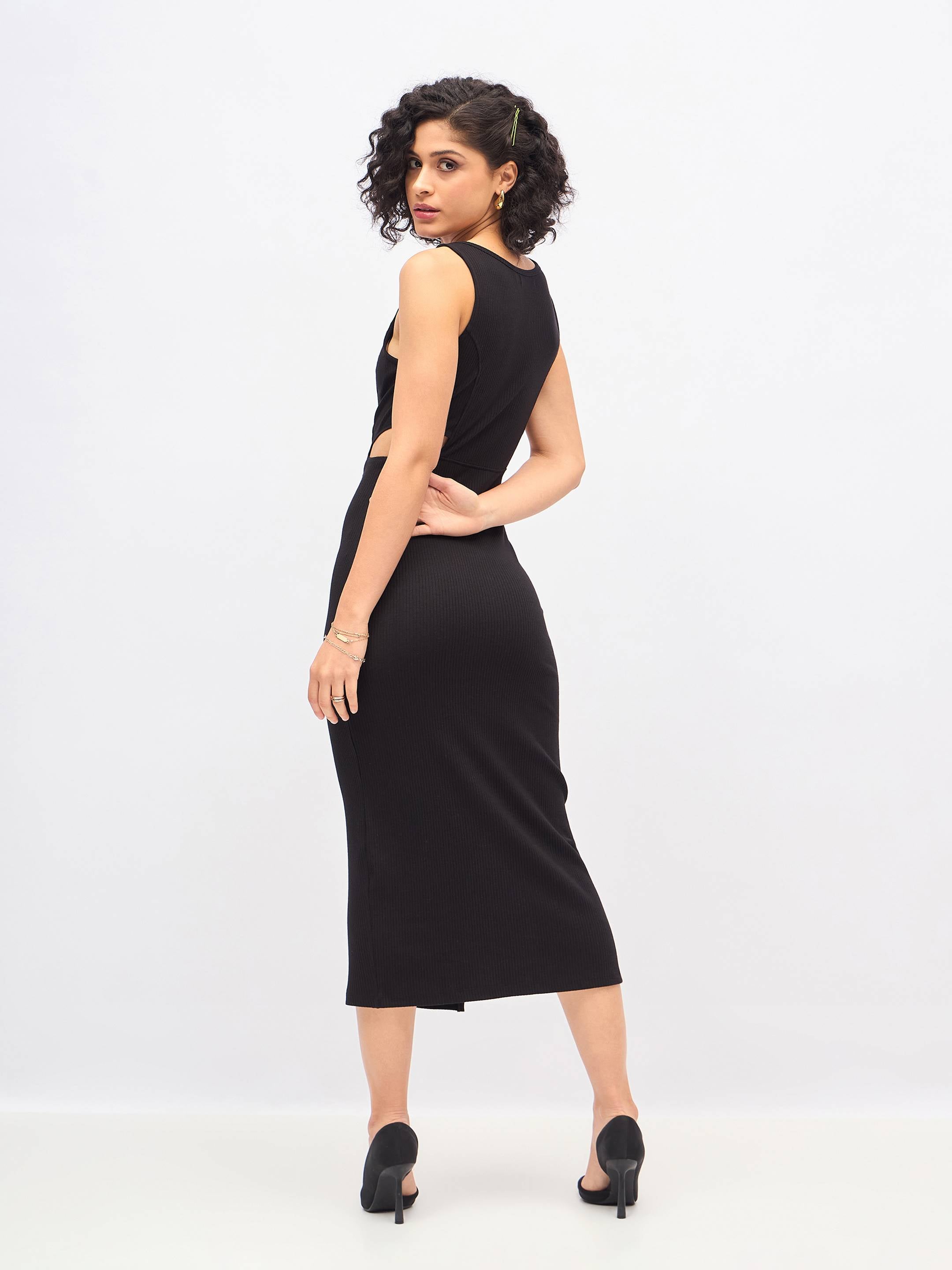 Women Black Rib Waist Cut-Out Midi Dress