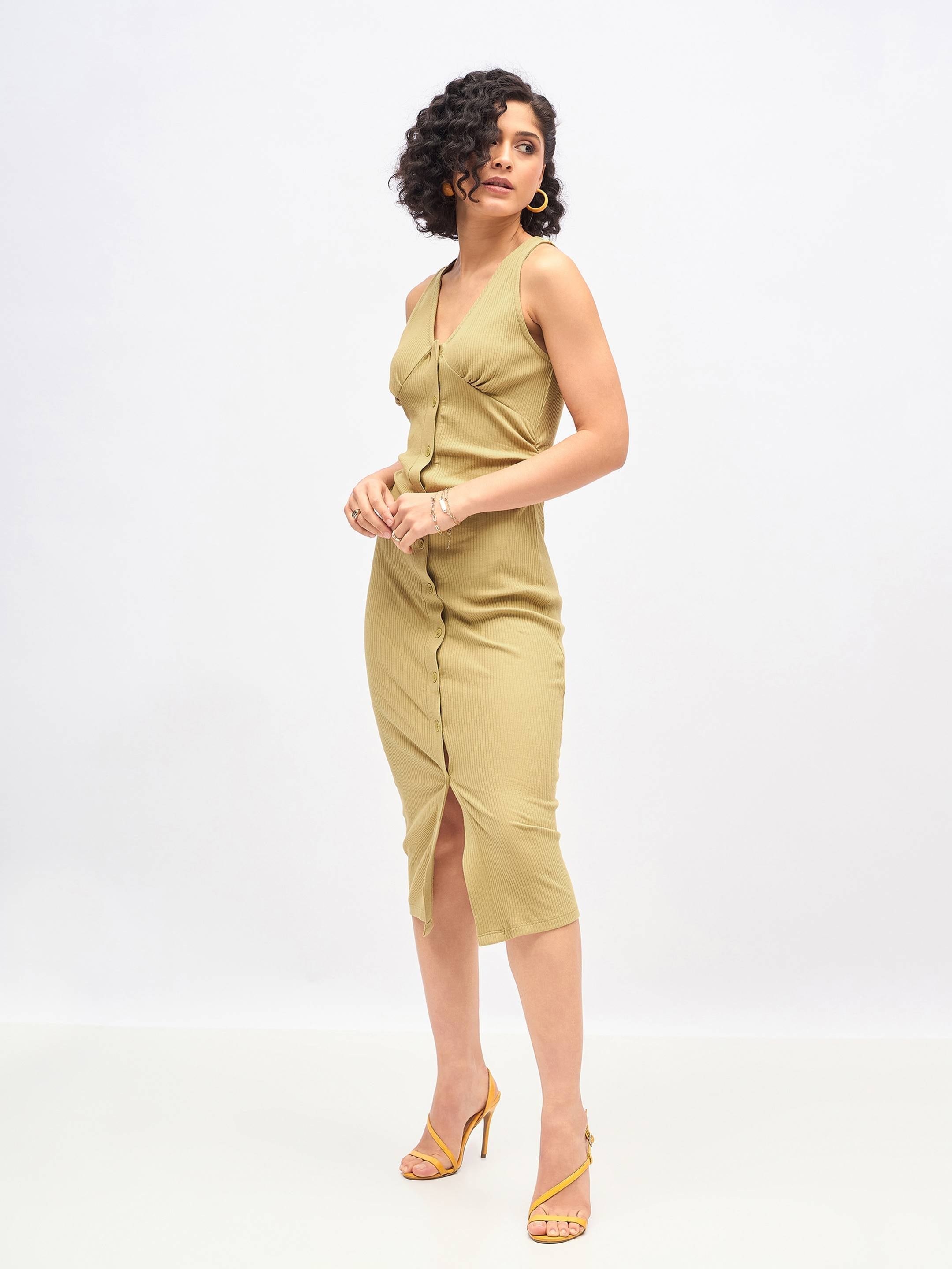 Women Khaki Rib Front Button Bodycon Midi Dress