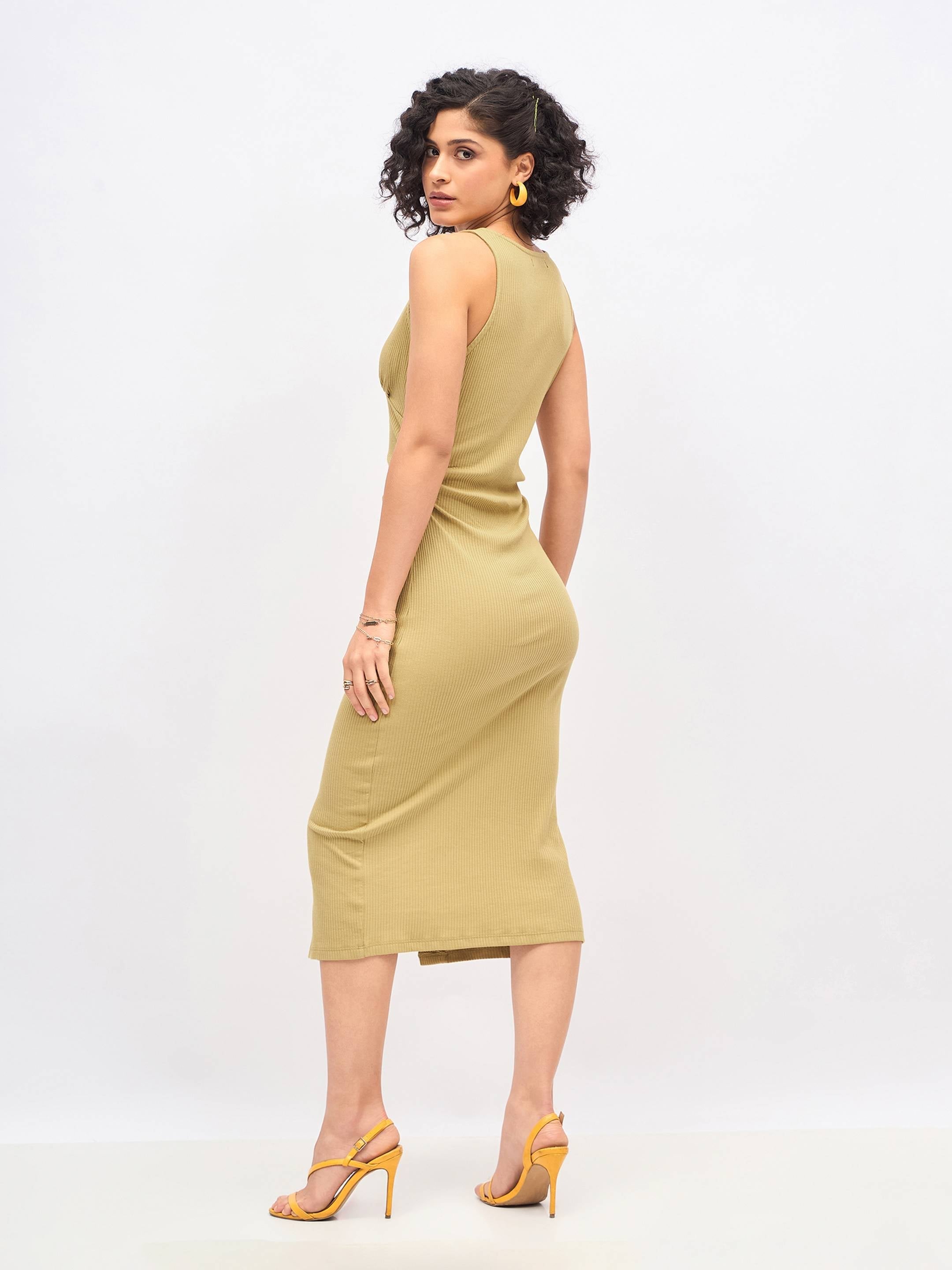 Women Khaki Rib Front Button Bodycon Midi Dress