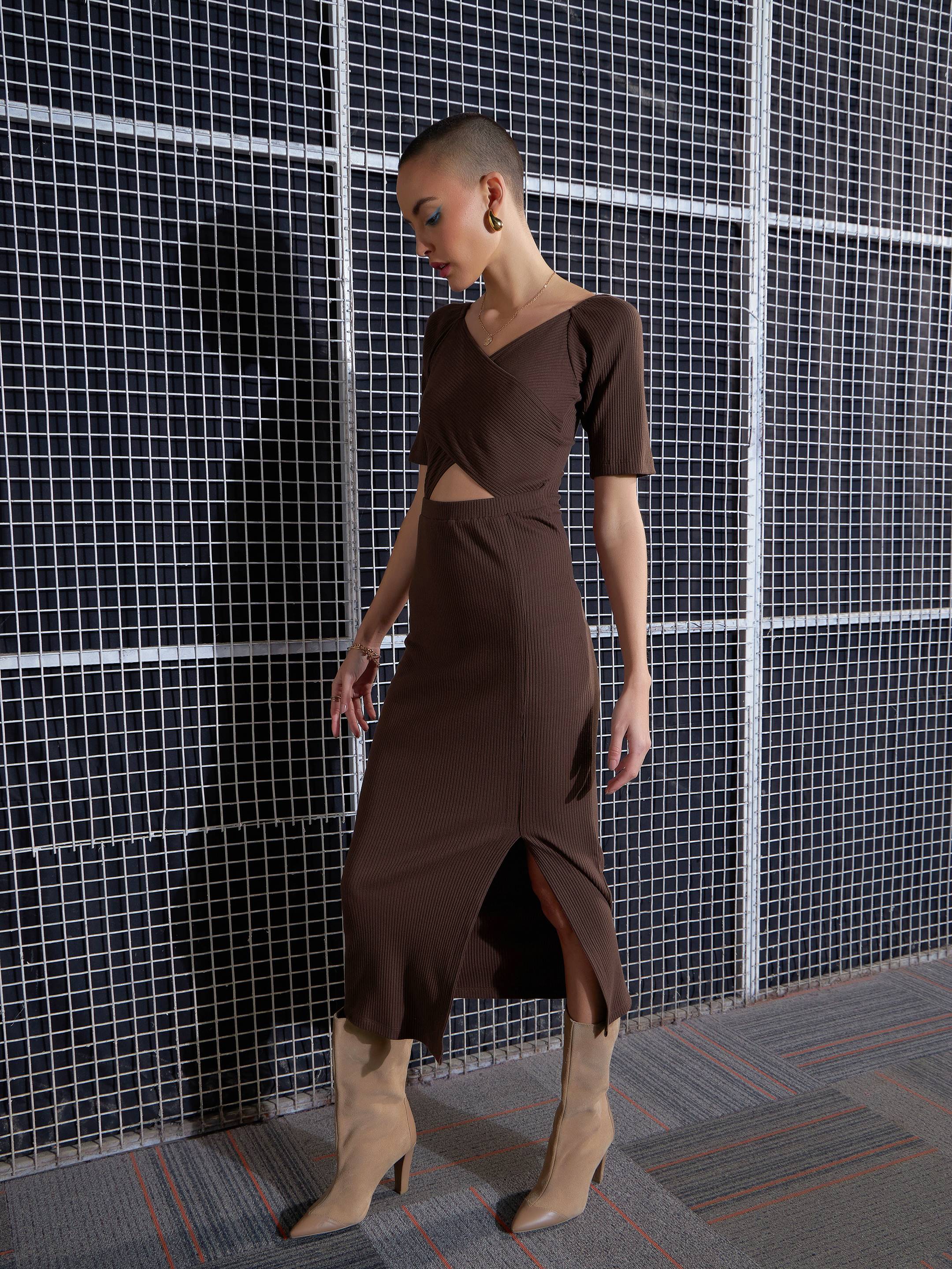 Women Brown Side Slit V-Neck Rib Midi Dress