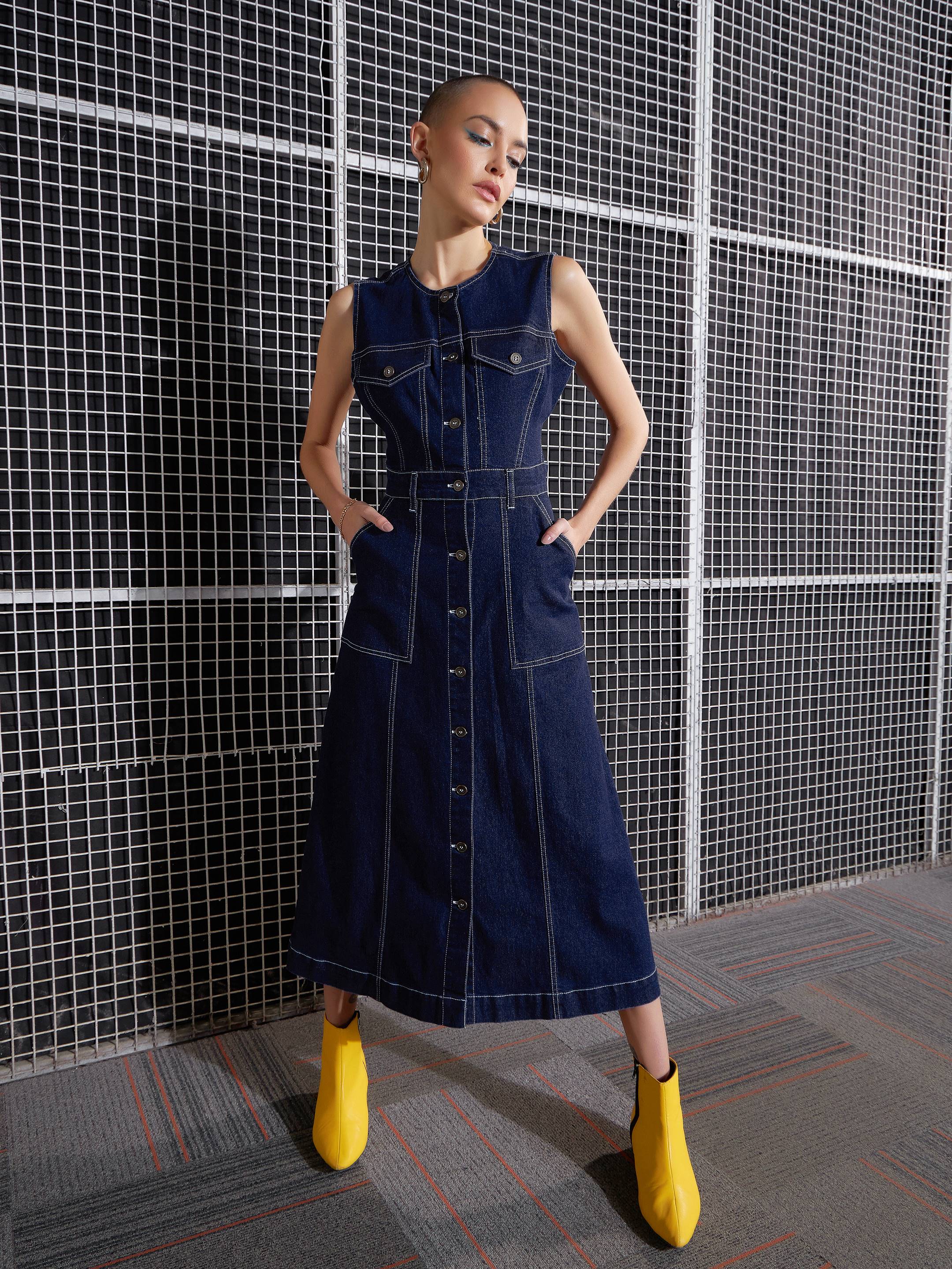 Women Navy Blue Waist Cut-Out Midi Dress