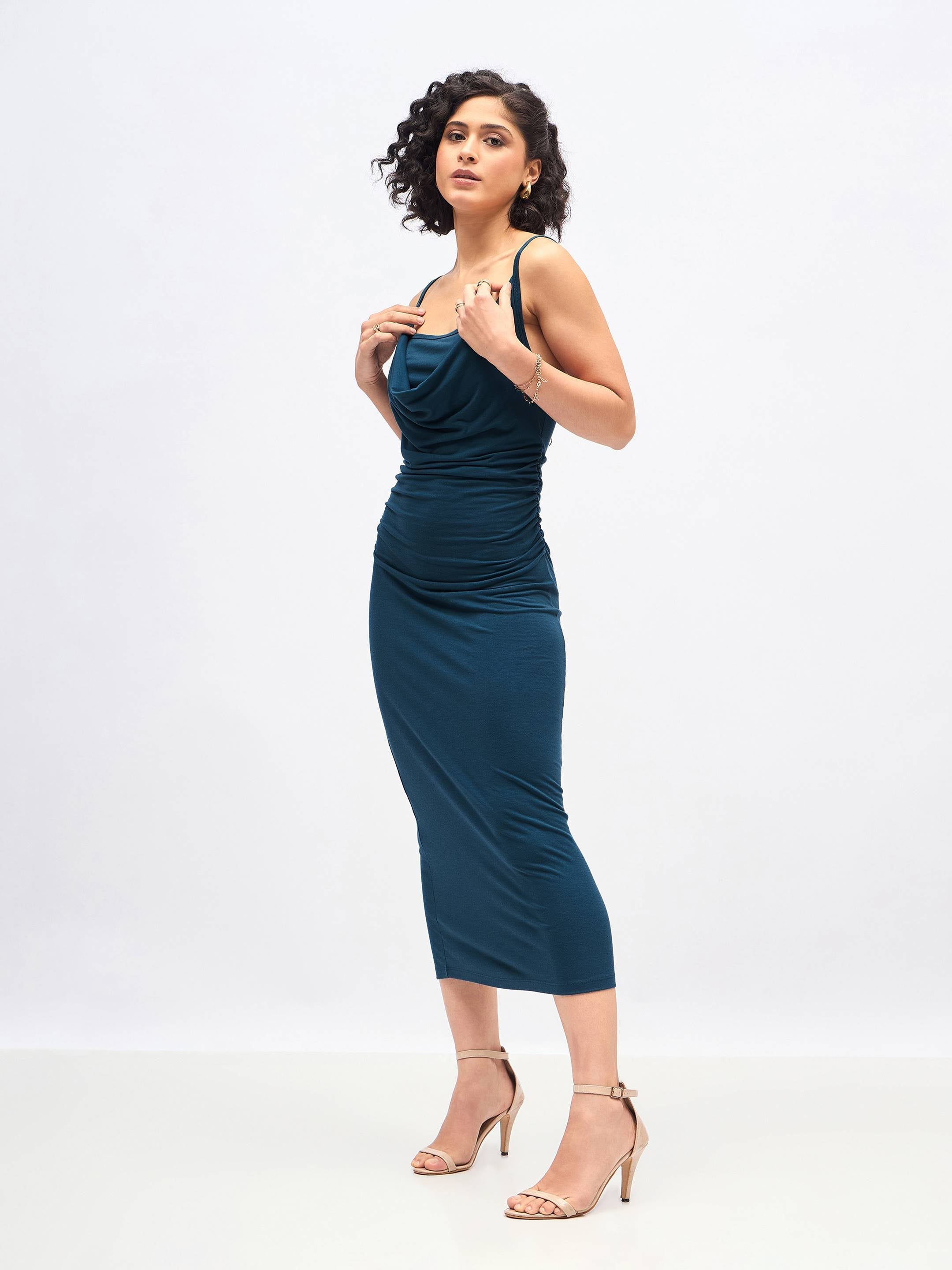 Women Teal Cowl Neck Bodycon Maxi Dress