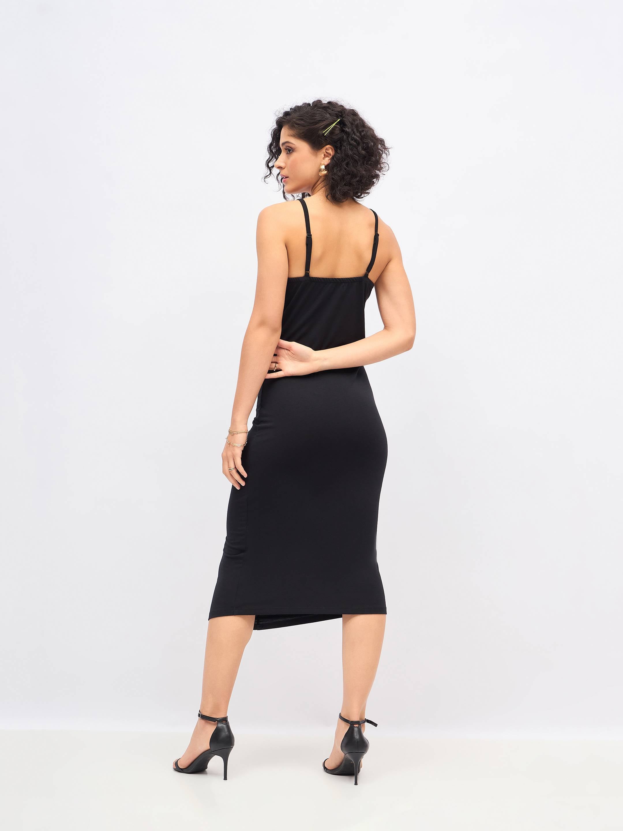 Women Black Strappy Front Ruched Dress