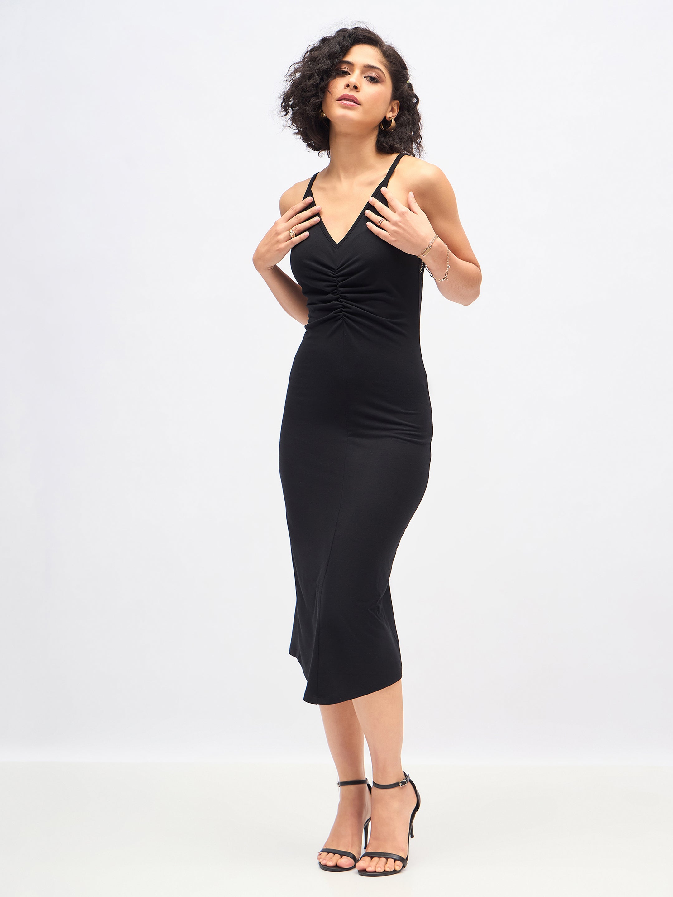 Women Black Strappy Front Ruched Dress