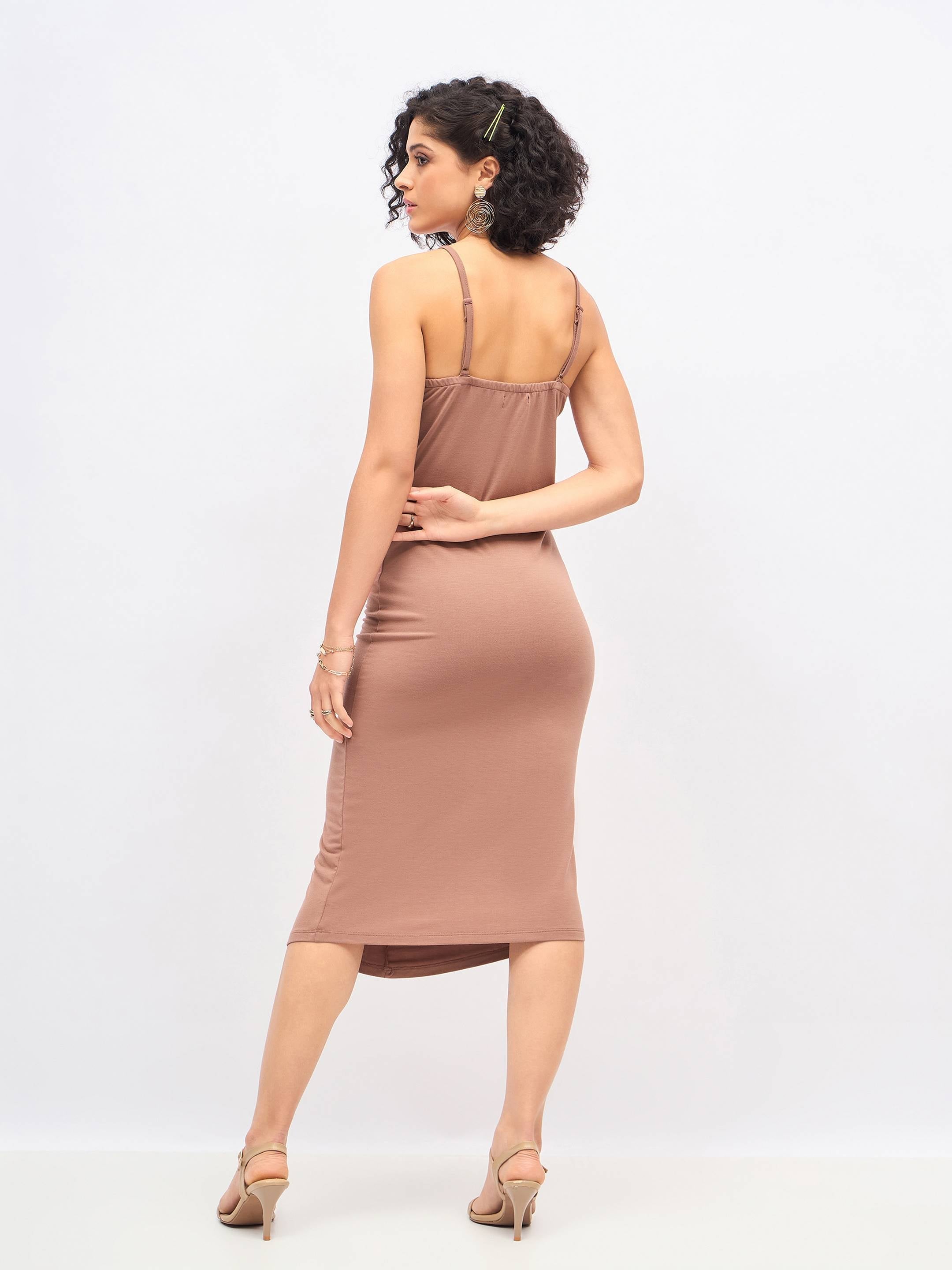 Women Brown Strappy Front Ruched Dress