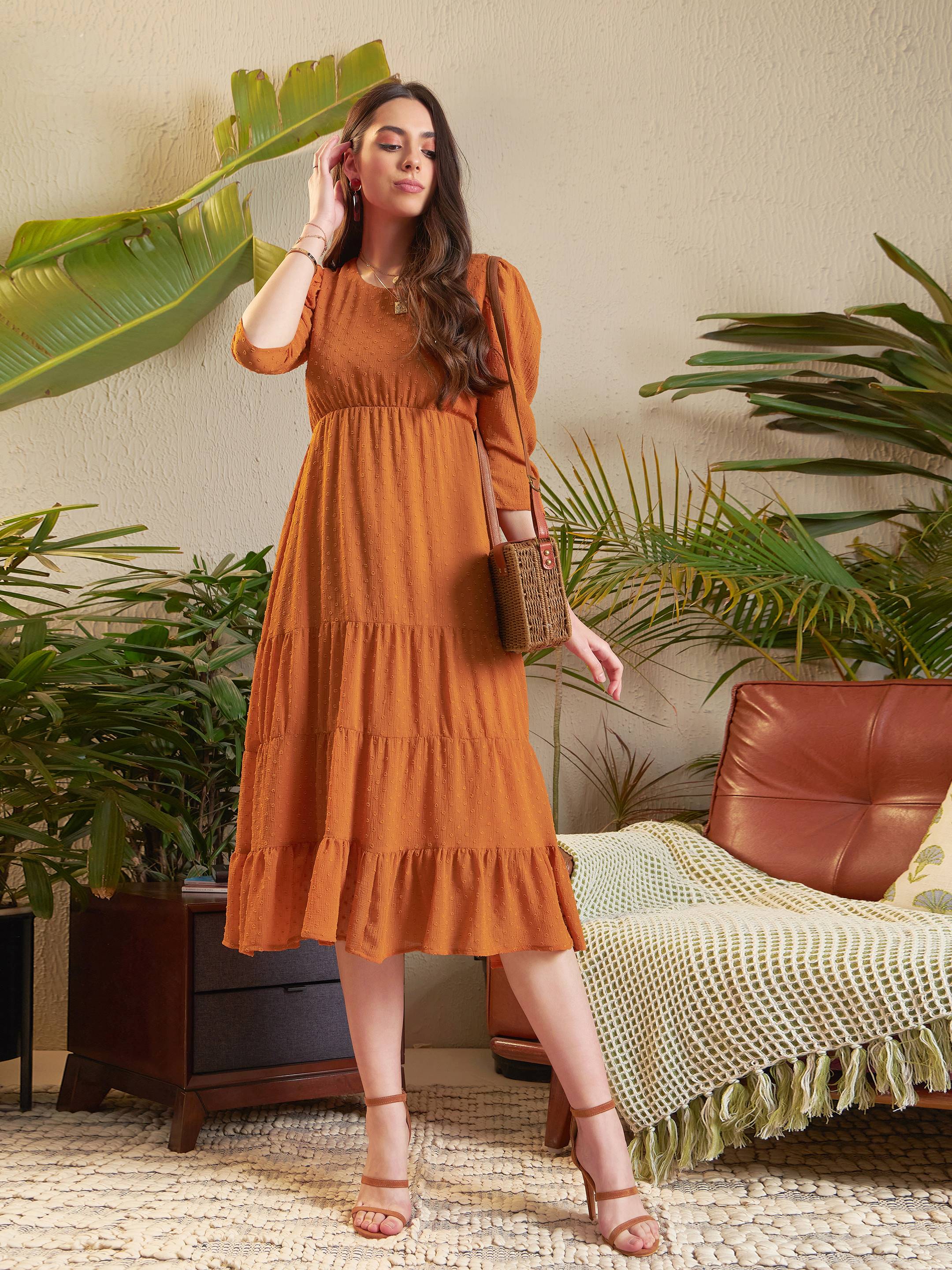 Women Rust Dobby Tiered Midi Dress