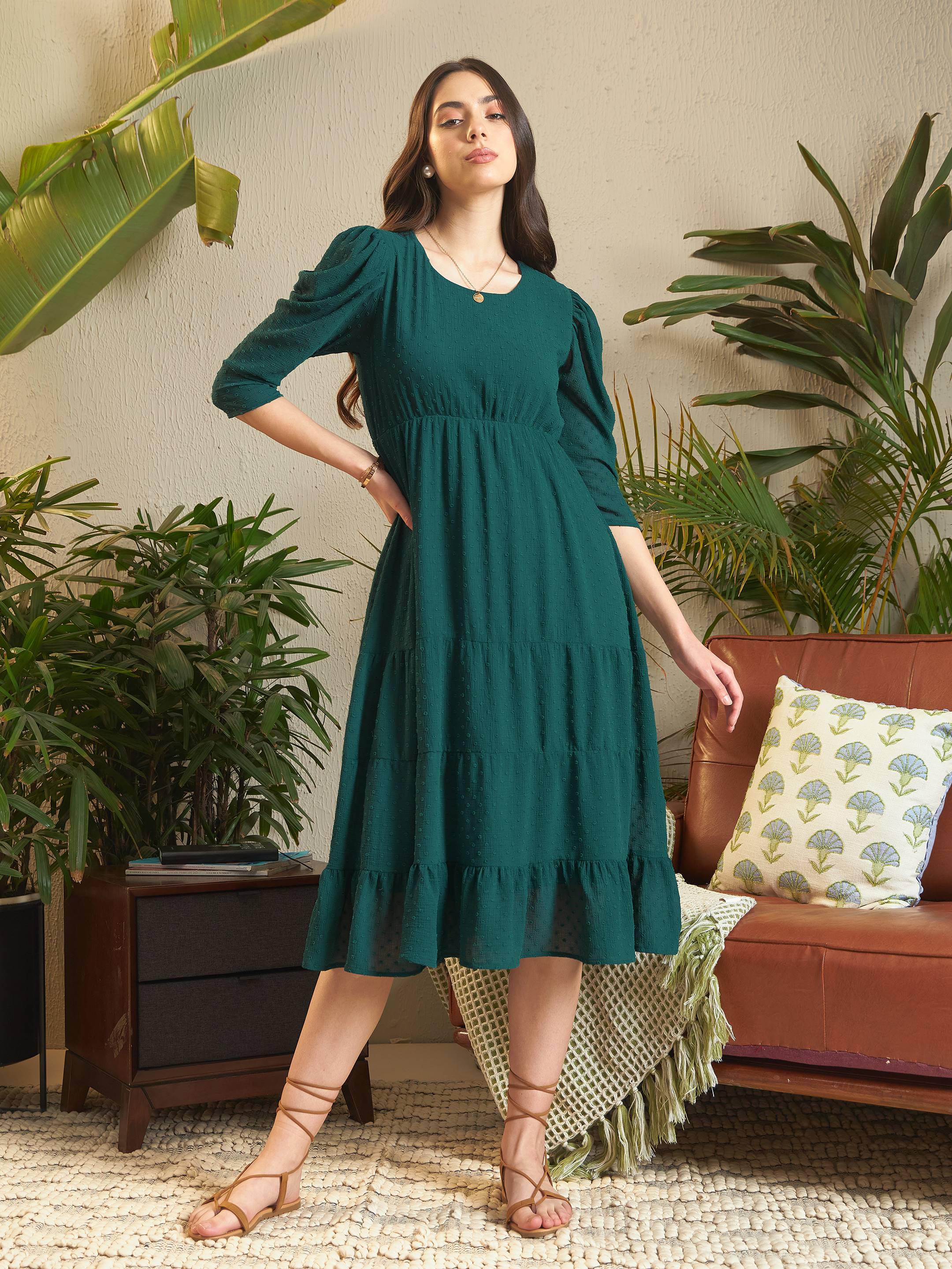 Women Teal Dobby Tiered Midi Dress