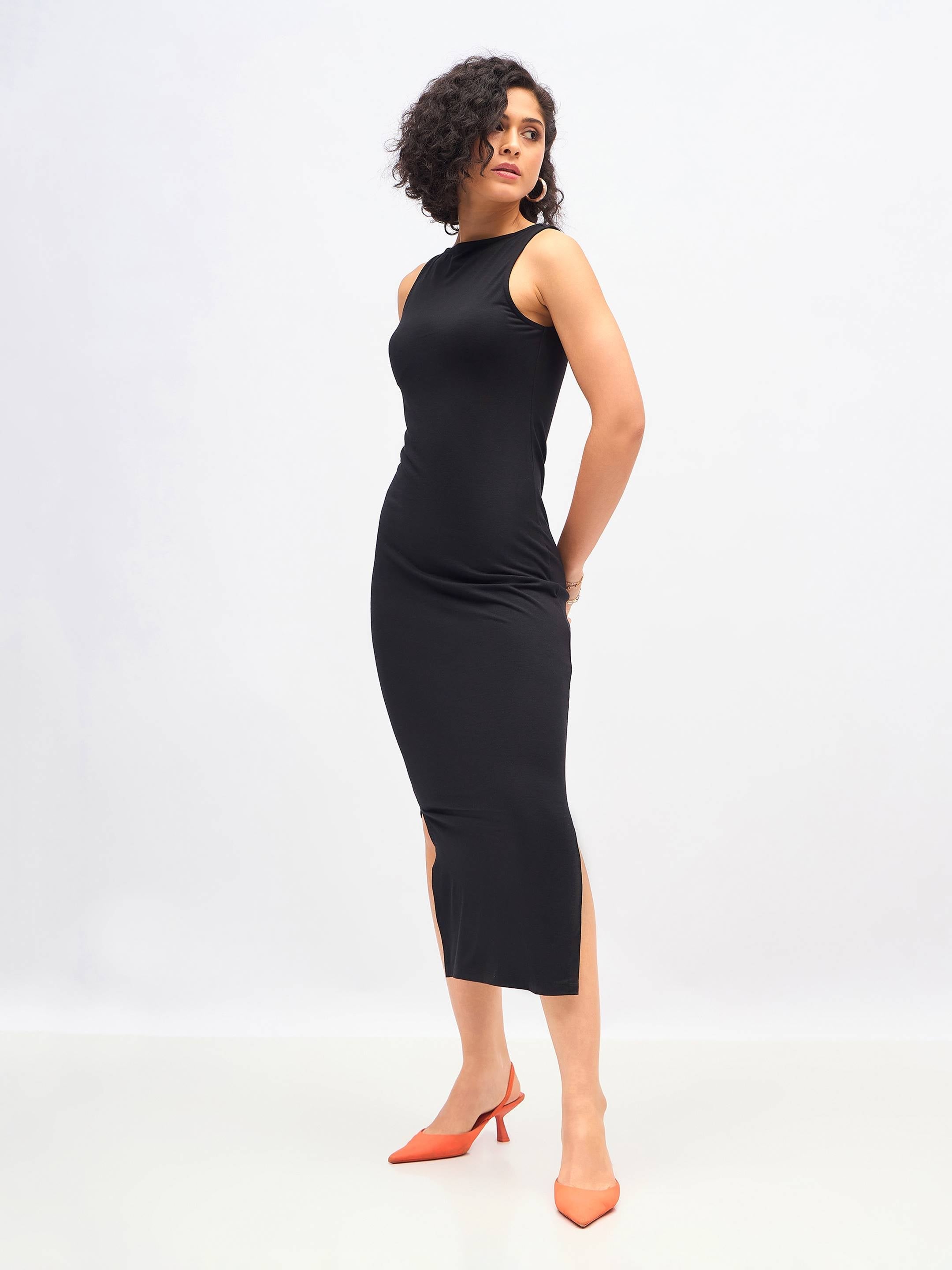 Women Black Boat Neck Bodycon Jersey Maxi Dress