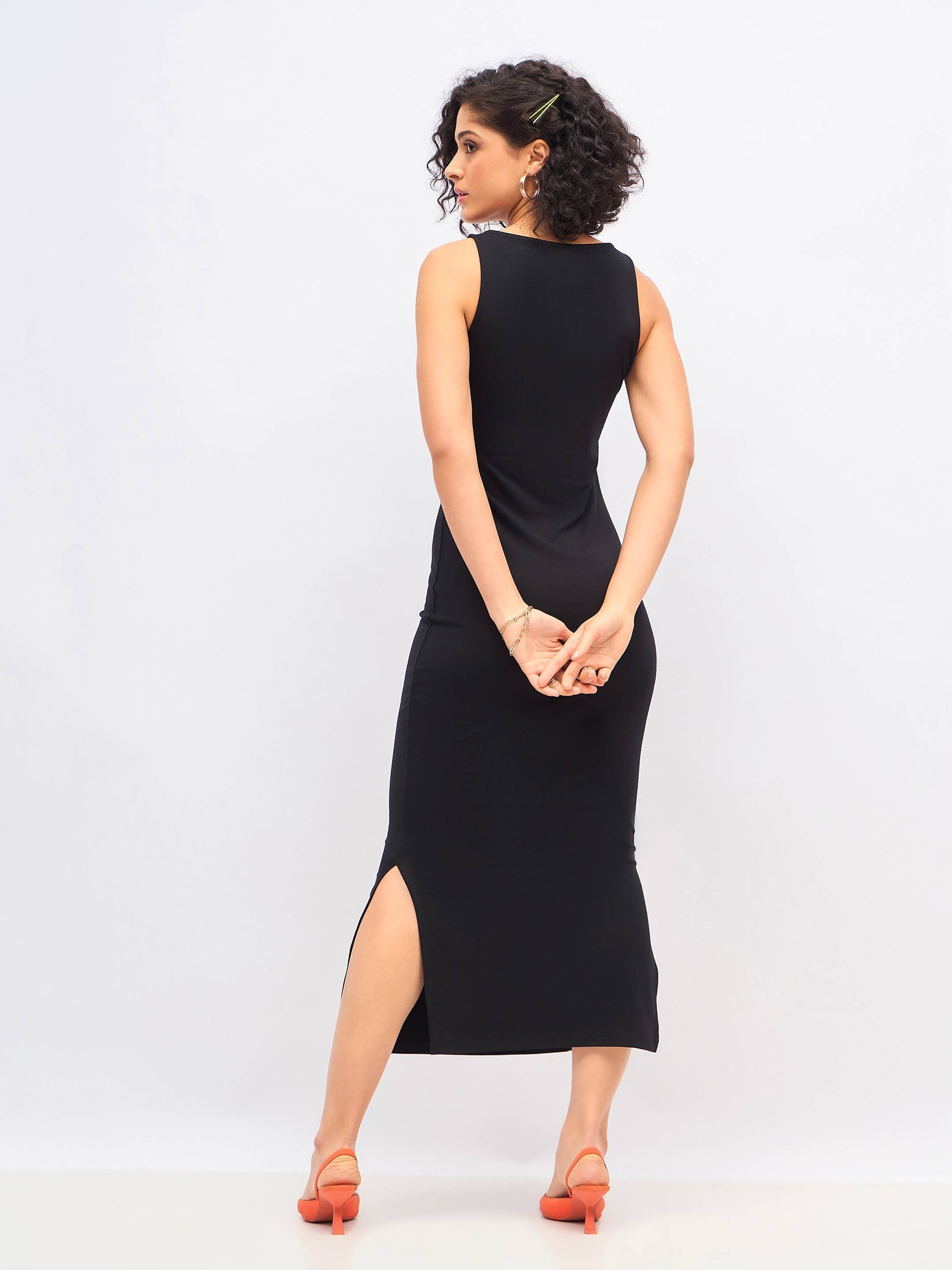 Women Black Boat Neck Bodycon Jersey Maxi Dress