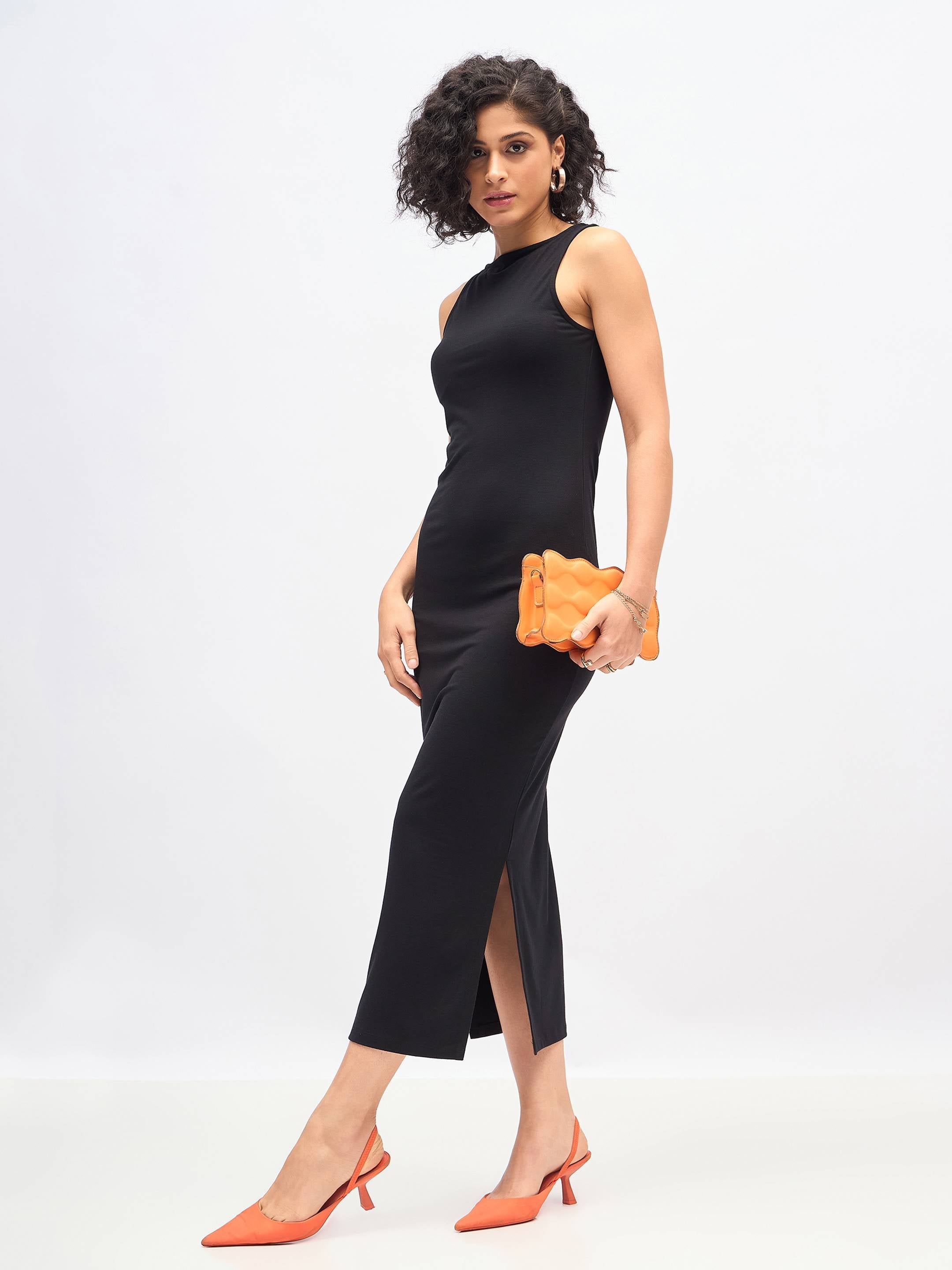 Women Black Boat Neck Bodycon Jersey Maxi Dress