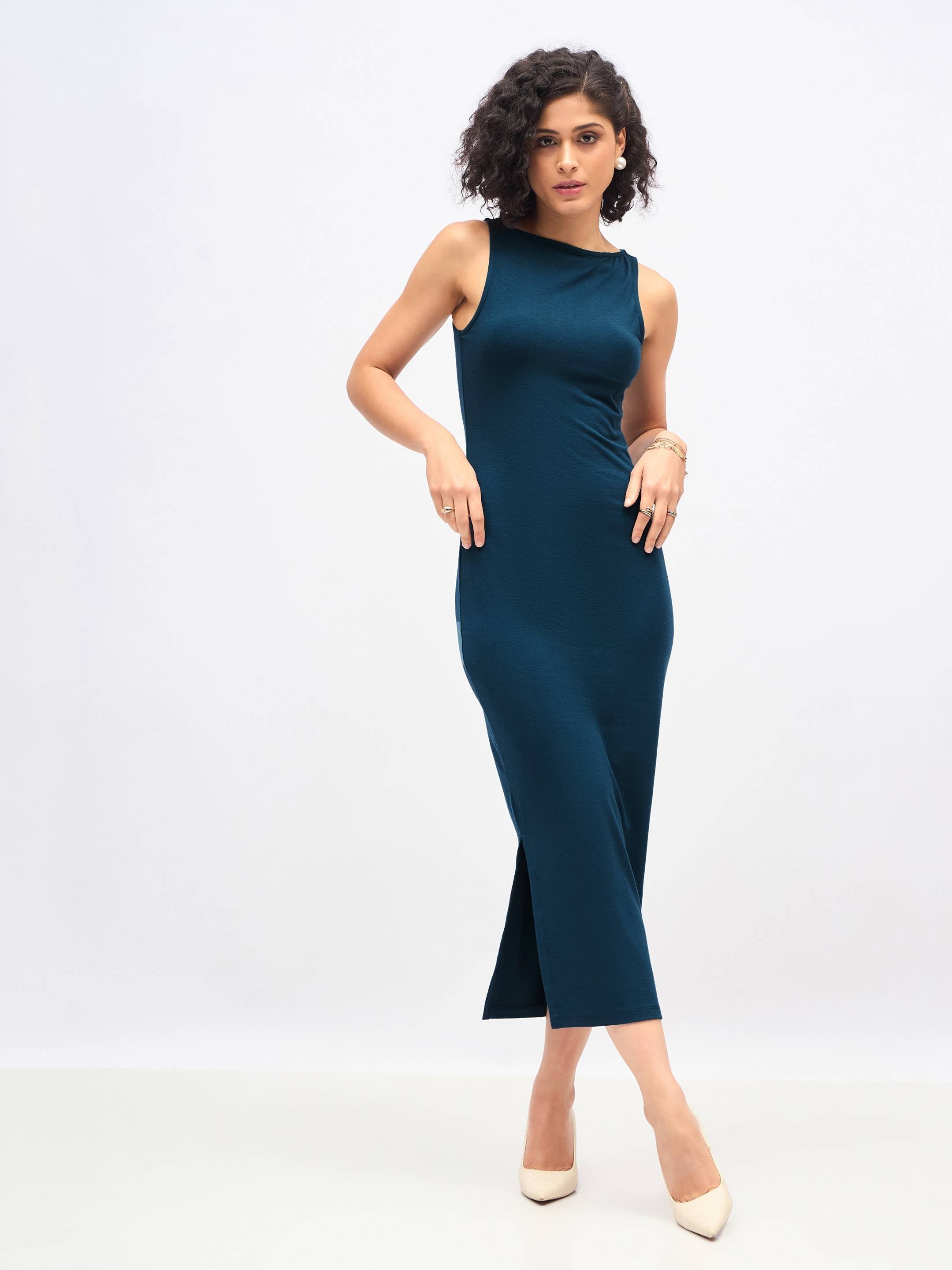 Women Teal Boat Neck Bodycon Jersey Maxi Dress